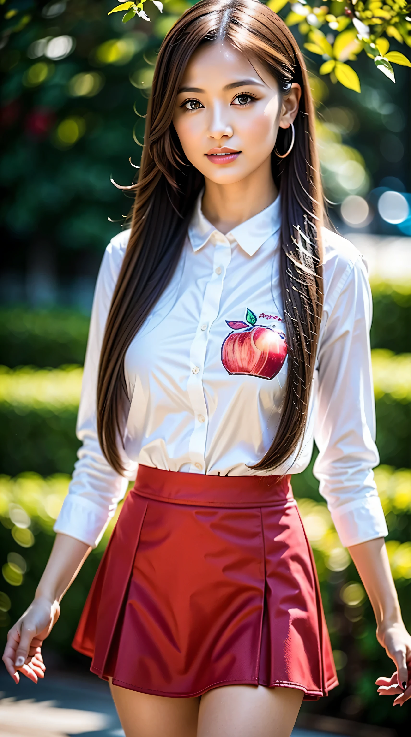 (best quality,4k,8k,highres,masterpiece:1.2),ultra-detailed,(realistic,photorealistic,photo-realistic:1.37),long,green-haired girl with twintails BREAK wearing a crisp white shirt (red apple printed on shirt:1.4), contrasting with her (black skirt:1.2). The girl is standing in a vibrant garden, surrounded by lush green trees and colorful flowers. She has (beautiful detailed eyes,1girl:1.1) and (beautiful detailed lips). The sunlight filters through the leaves, casting a warm glow on her face and illuminating her hair. The atmosphere is serene and peaceful. The garden is filled with the scent of flowers, creating an enchanting ambiance. The colors are vivid and vibrant, with a slight saturation boost. The lighting is soft but illuminating, enhancing the details and creating a sense of depth. The girl exudes a sense of joy and positivity as she enjoys the beauty of nature around her. The overall composition is balanced and harmonious, capturing the essence of a serene moment in the midst of nature.