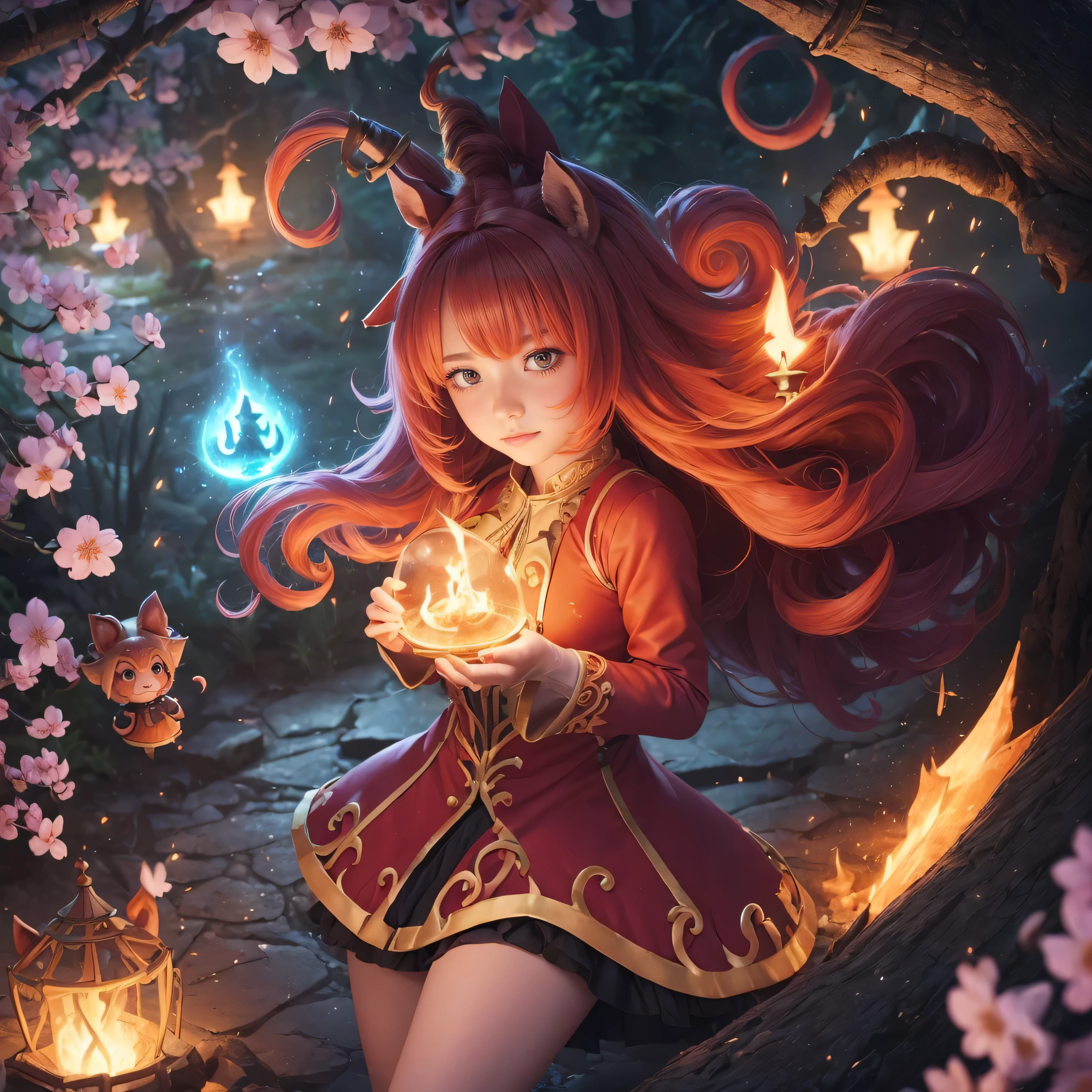 Lulu Magicienne yordle (Legend League), likes to evoke dreamlike illusions and&#39;strange creatures while exploring Runeterra with Pix, his pet fairy. Lulu forge la réalité selon ses désirs, modifiant à sa guise la structure du monde et ce qu'elle considère comme les contraintes physiques d'un univers sans saveur. Beaucoup pensent que sa magie n'est pas naturelle, pour ne pas dire dangereuse, mais elle croit qu&#39;un peu d&#39;enchantement peut&#39;je ne ferai de mal à personne. (best quality, Orange theme, (magique mignon sakura lulu). avec (((exaggerated hair, cheveux bouffants, expanded hair, exaggerated voluminous hair))), Details, (((horse mane, duveteux)))
