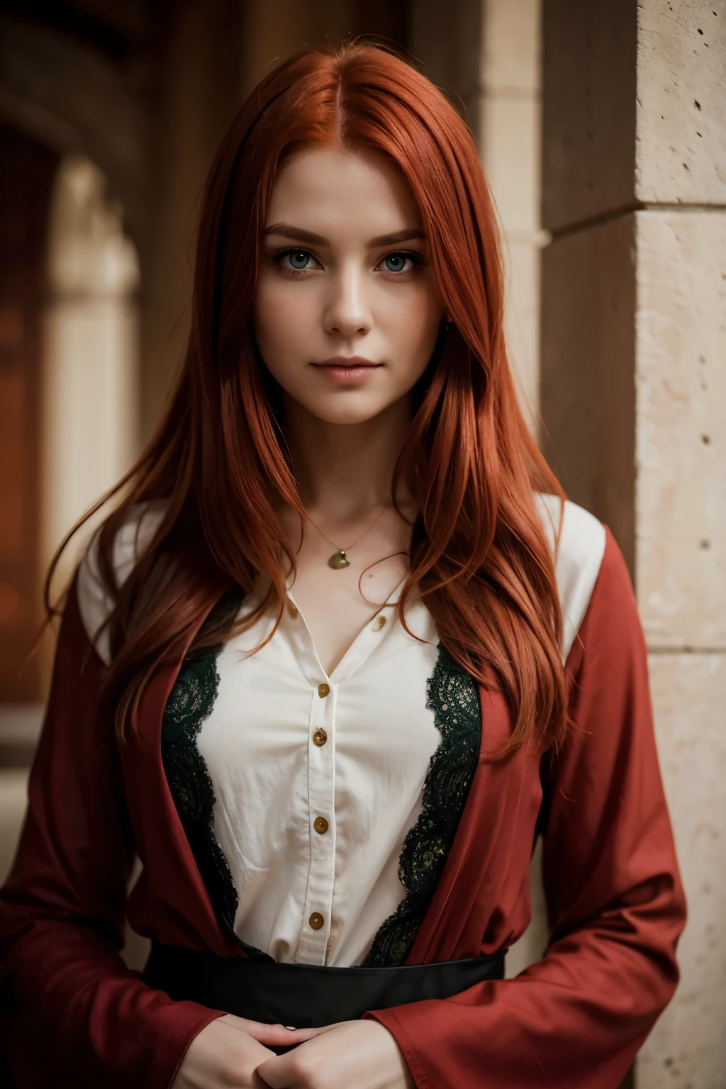 Kruzadar woman wearing a wedding dress while sitting at a dark oak table, darkred hair, blue eyes, long hair, hyper realistic, 4k, masterpiece, beautiful, facing the viewer, headshot, ((white skin)),