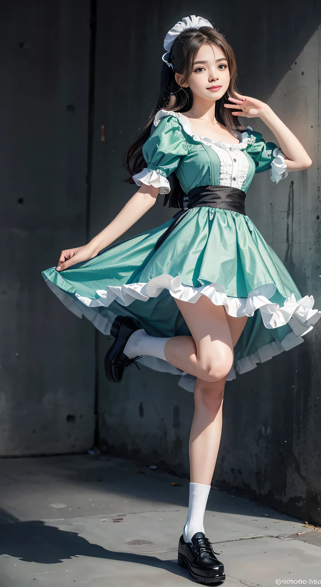{highest quality}, {masterpiece, 超A high resolution}, (Photoreal:1.4), {{RAW photo}}, {{{A 16-year-old Lolita-like woman poses with her skirt pulled up and one leg raised....:smile：(detailed eye:double：green)}}, , {{Alice Blue Dress, White socks and black shoes}}, (white background}