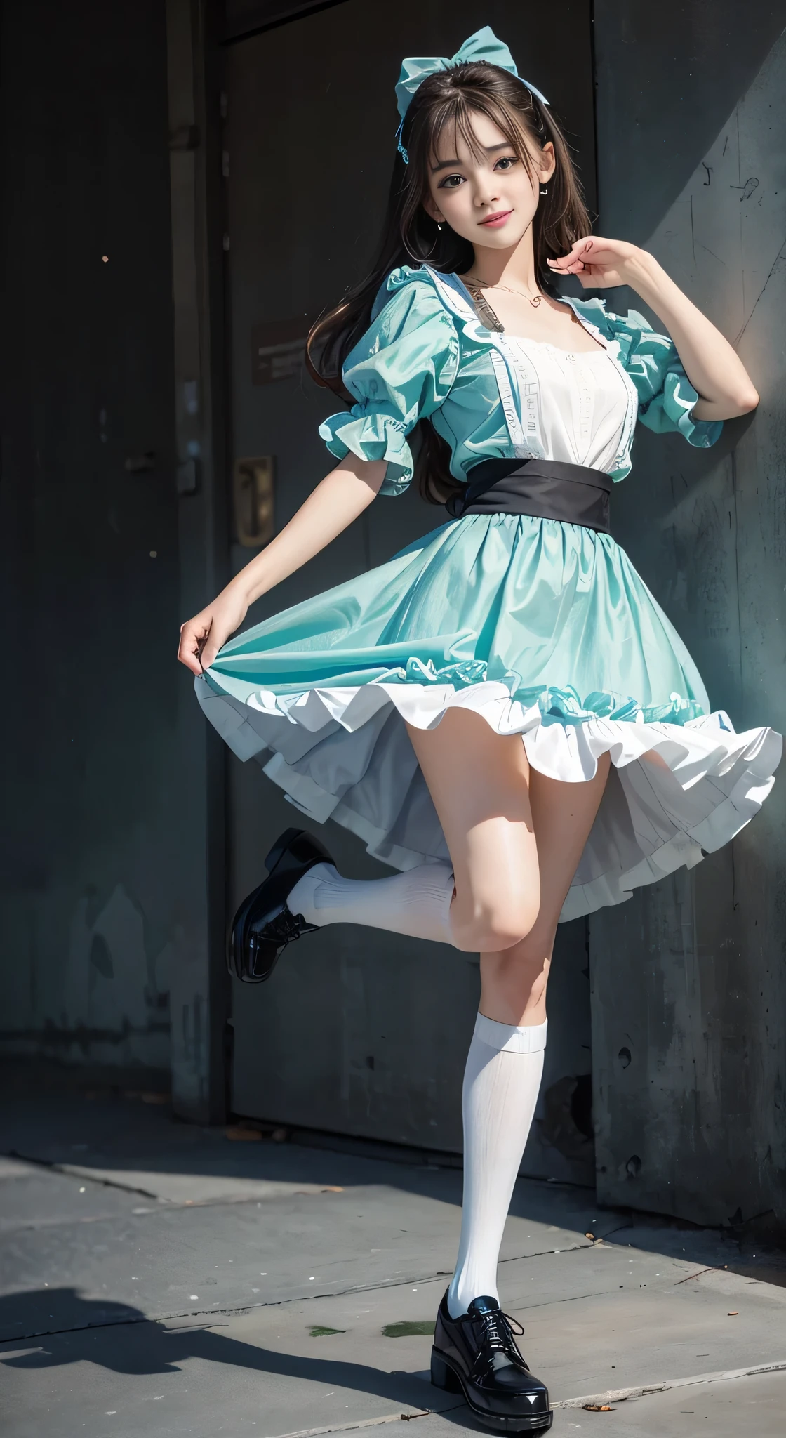 {highest quality}, {masterpiece, 超A high resolution}, (Photoreal:1.4), {{RAW photo}}, {{{A 16-year-old Lolita-like woman poses with her skirt pulled up and one leg raised....:smile：(detailed eye:double：green)}}, , {{Alice Blue Dress, White socks and black shoes}}, (white background}