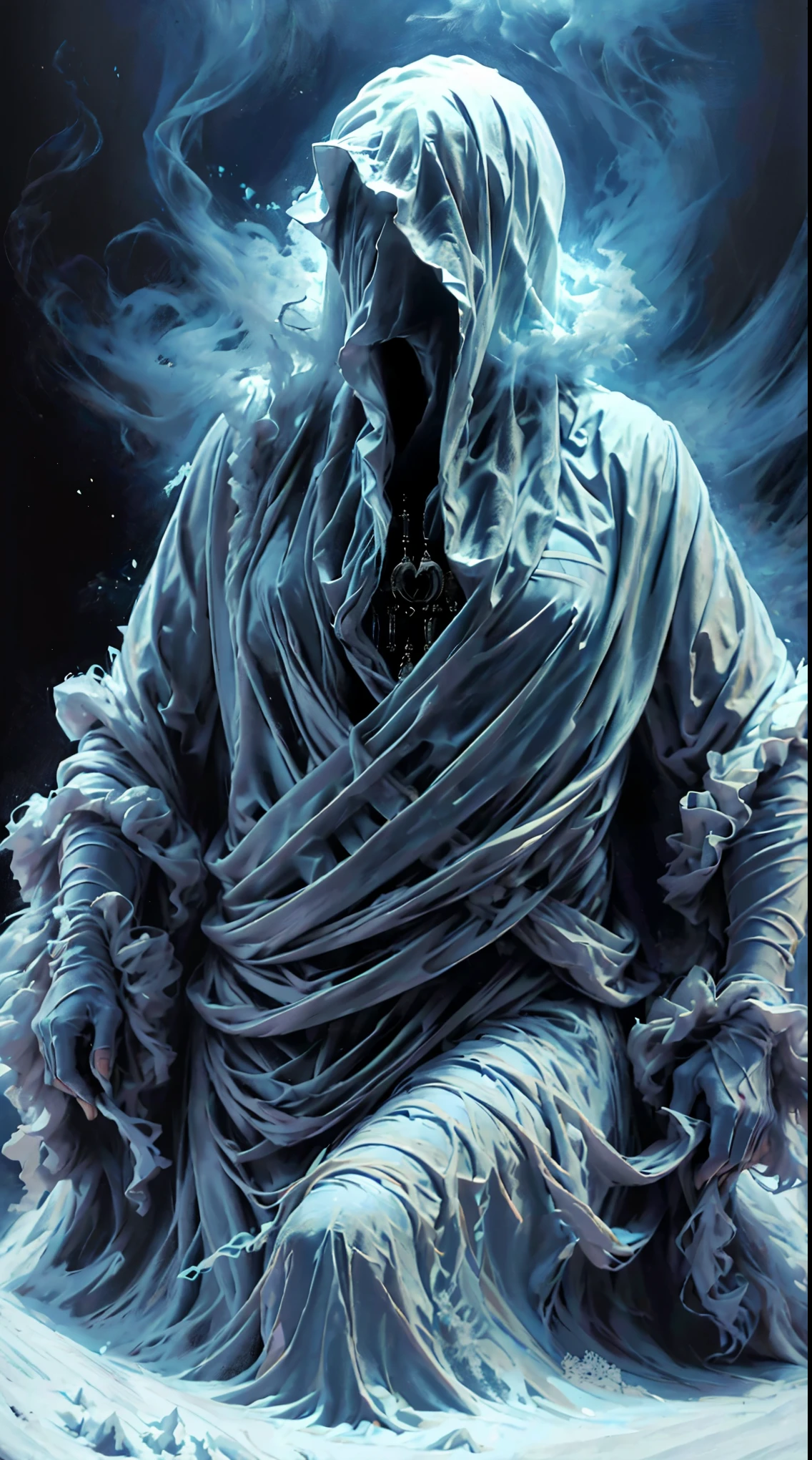 (best quality, highres, ultra-detailed, realistic:1.37), close-up portrait of a handsome man, with bright, shining blue eyes emitting a blue smoke-like aura, cat-like black pupils, spiky snow-white hair that is highly defined and super detailed