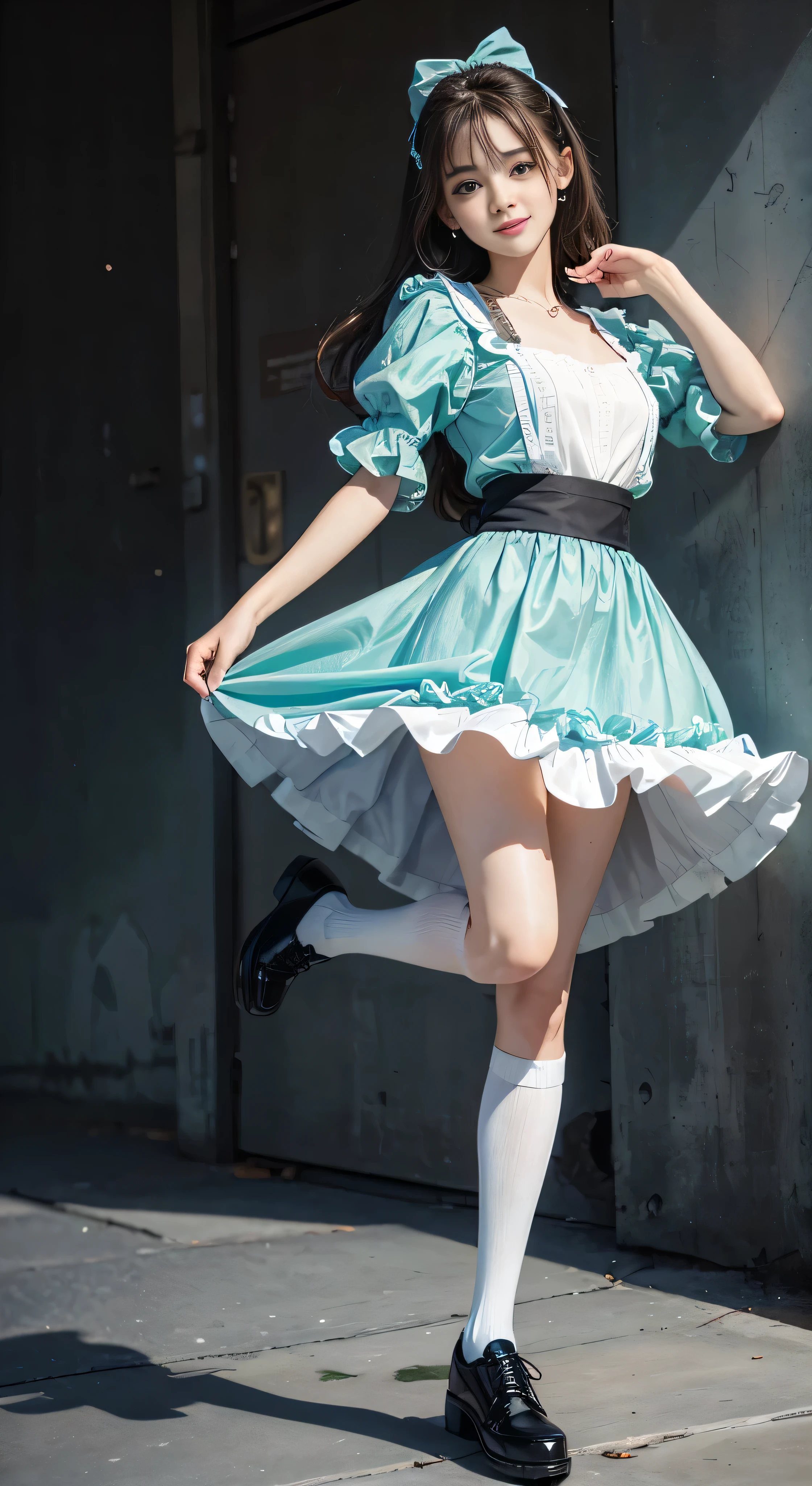 {highest quality}, {masterpiece, 超A high resolution}, (Photoreal:1.4), {{RAW photo}}, {{{A 16-year-old Lolita-like woman poses with her skirt pulled up and one leg raised....:smile：(detailed eye:double：green)}}, , {{Alice Blue Dress, White socks and black shoes}}, (white background}