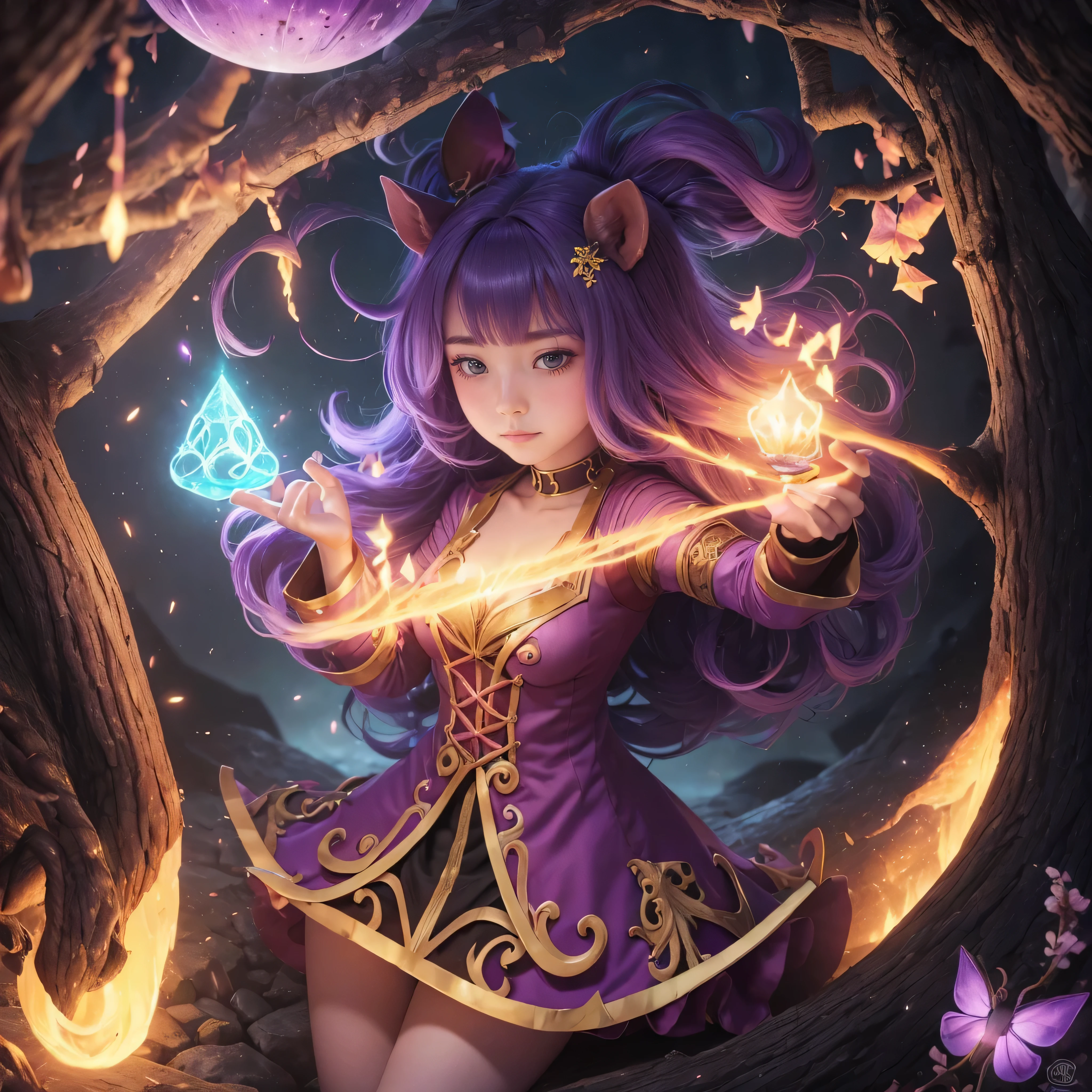 Lulu Magicienne yordle (Legend League), likes to evoke dreamlike illusions and&#39;strange creatures while exploring Runeterra with Pix, his pet fairy. Lulu forge la réalité selon ses désirs, modifiant à sa guise la structure du monde et ce qu'elle considère comme les contraintes physiques d'un univers sans saveur. Beaucoup pensent que sa magie n'est pas naturelle, pour ne pas dire dangereuse, mais elle croit qu&#39;un peu d&#39;enchantement peut&#39;je ne ferai de mal à personne. (best quality, Purple theme, (magique mignon sakura lulu). avec (((exaggerated purple hair, cheveux bouffants, expanded hair, exaggerated voluminous hair))), Details, (((horse mane, duveteux)))