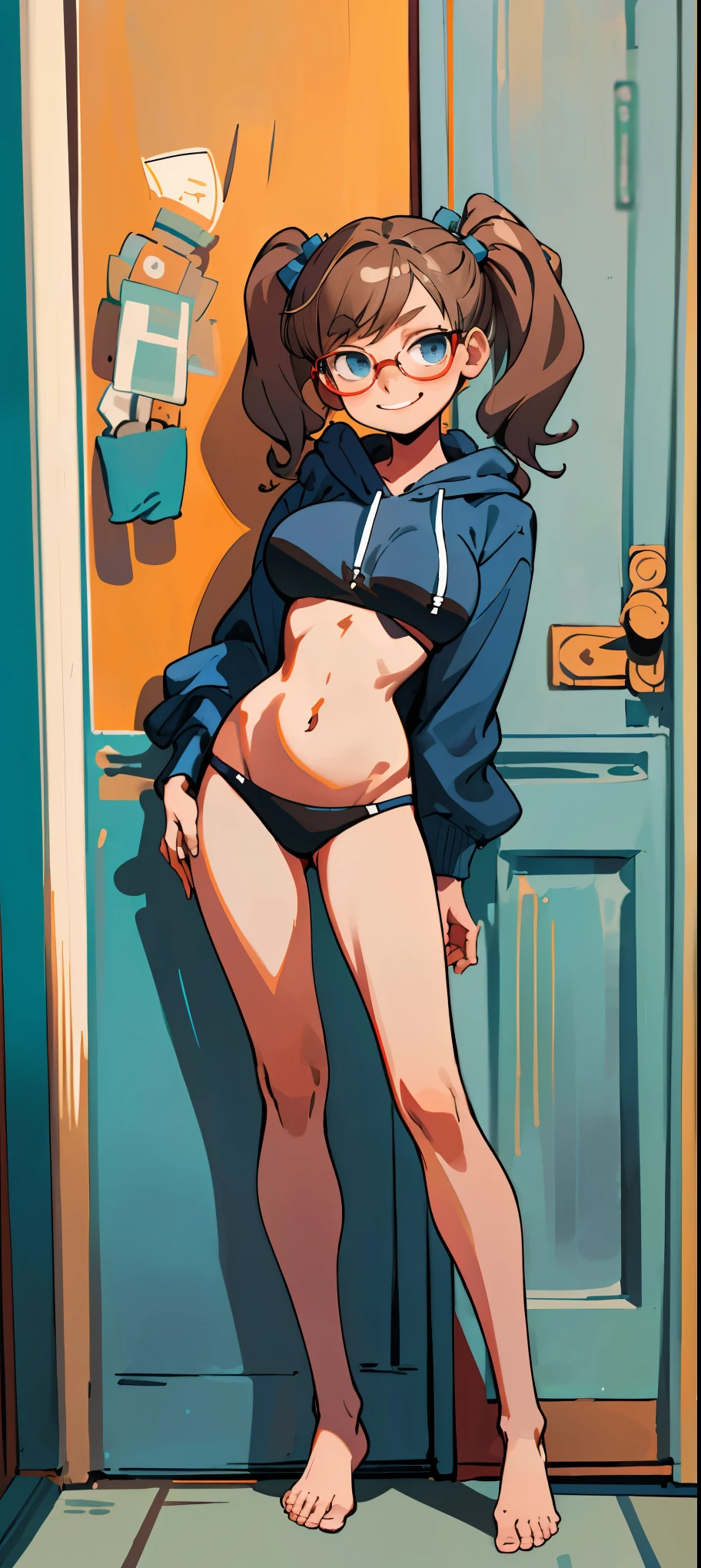 ((Masterpiece)), ((best quality)), very detailed, Detailed background , 1 woman, Light brown twintail hair , sly face , smile , glasses , black bikini , Blue Hoodie , abdomen, big breasts, Long legs , stand on your hips... , Barefoot , full body , in front of the door