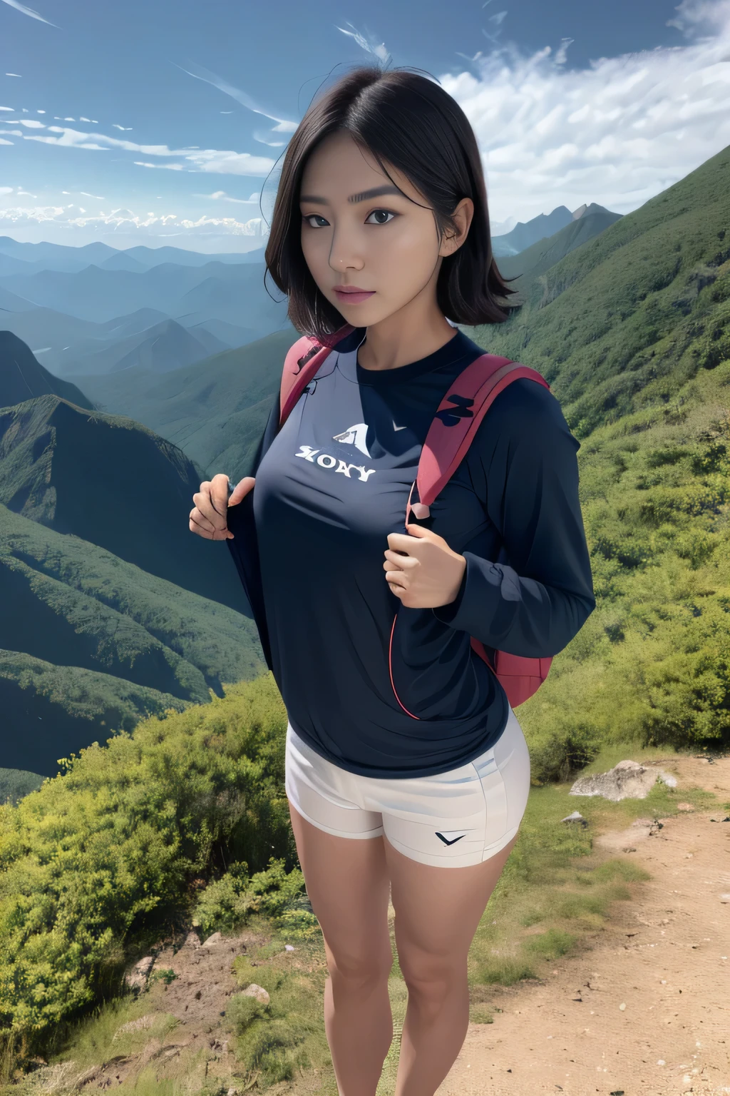 (masterpiece, top quality, 8K wallpaper, high resolution, ultra-realistic), 1girl, solo, full body composition from afar, slender figure: 1.1, Japan person, very delicate and beautiful woman, cute face, beautiful face, beautiful eyes, detailed face, detailed face, detailed eyes, detailed nose, detailed mouth, short hair, black eyes, carrying a big backpack, backpacker, mountaineer, view from the top of the mountain, detailed hands, detailed feet, detailed fingers , Mountain jacket on outerwear, T-shirt, trekking pants, trekking, hiking, wearing trekking shoes, outdoor, small , natural landscape photo;mountain climbing;spectacular summer mountain scenery with rugged mountain range in the distance, wonderful contrast of blue sky and white clouds. Camera = "Sony a7 IV";Lens="Tamron 28-200mm f/2.8-5.6 Di III RXD";" Aperture = f/6.3";" Shutter speed = 1/1600 sec";" ISO=100";