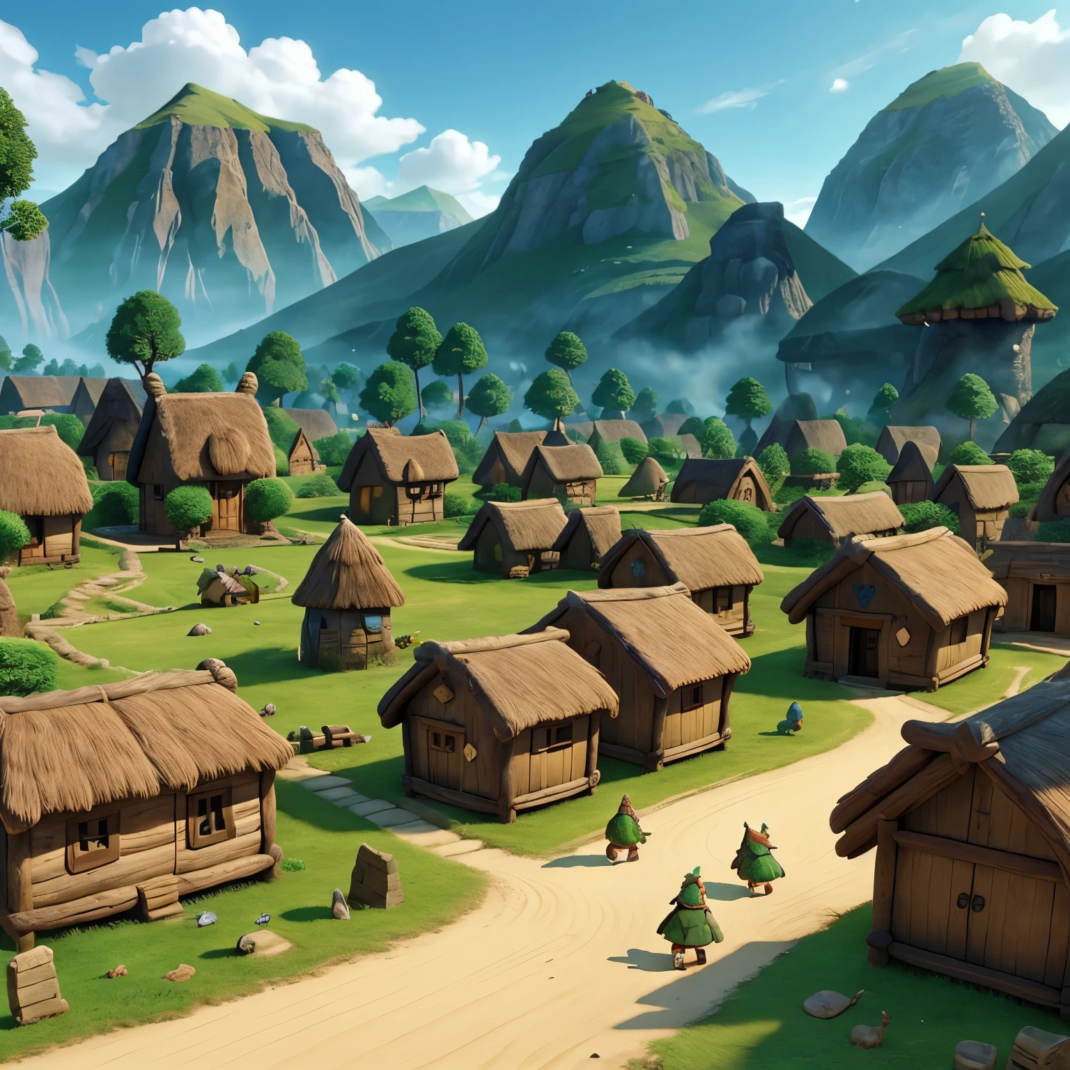 A village of ogres and elves that are fighting a dragon in their village that has different cool huts put a dragon in the background flying and have a female ogre in the front because she’s the main character