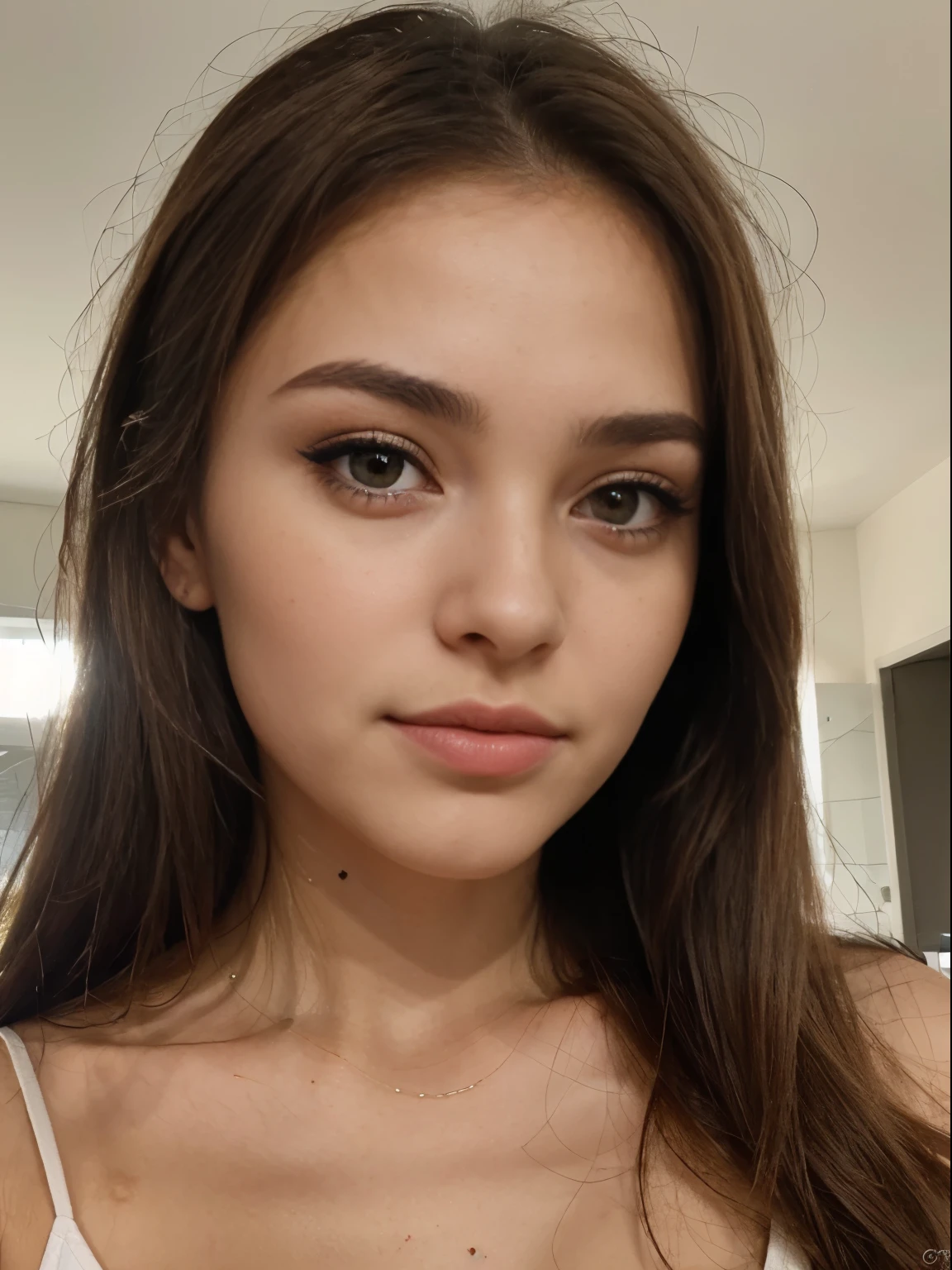 Photo d'une femme brune de 20 ans, qui a un visage très naturel, Thin lips, yeux fins, sourcils fins, nez fin, Des boucles d' Long cils. She makes a pretty selfie of Brazilian origin