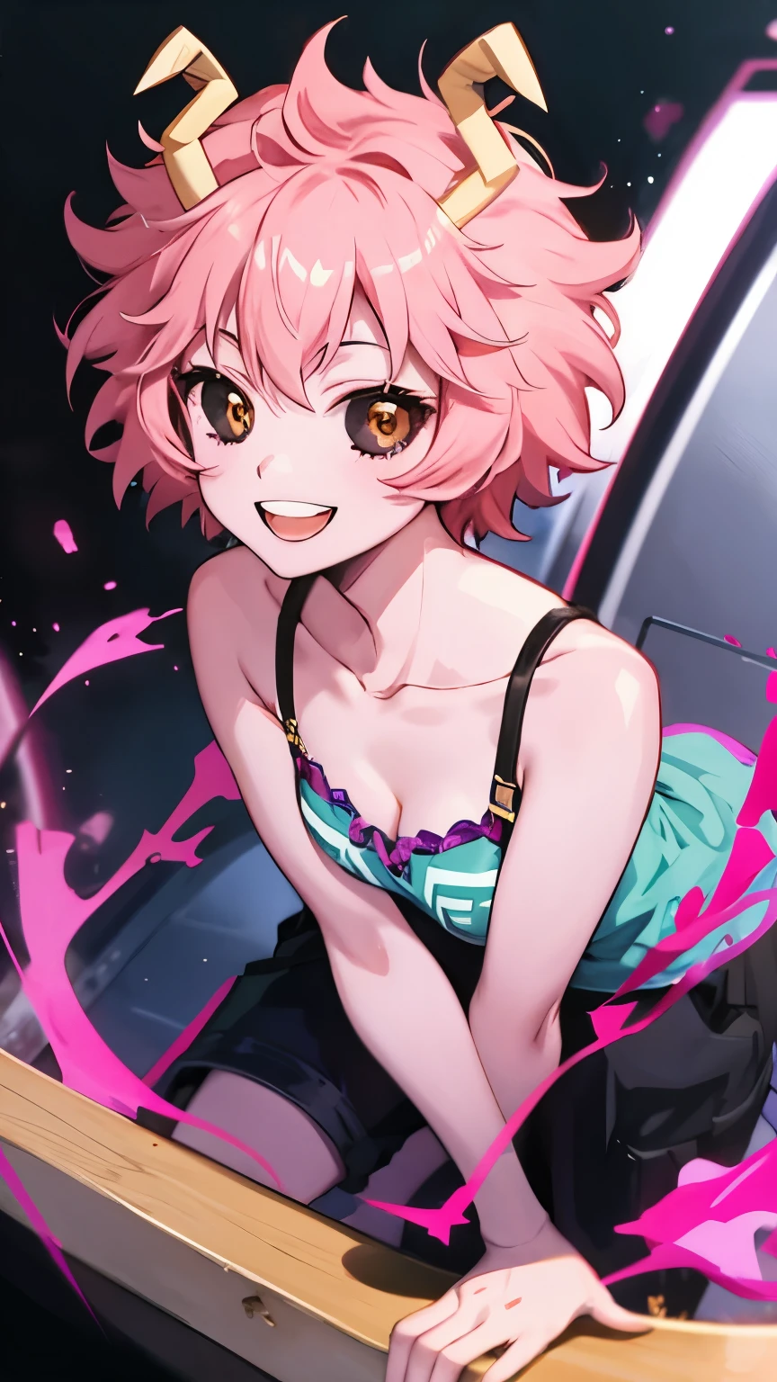 ashido mina, General, 1girl, acid, breasts, collarbone, colored skin, horns, looking at viewer, pink hair, pink skin, shiny skin, short hair, smile, solo, teeth