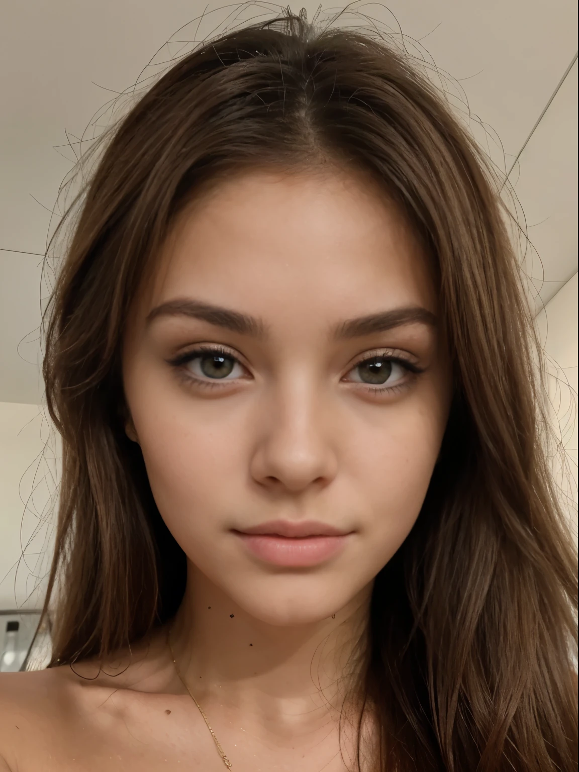 Photo d'une femme brune de 20 ans, qui a un visage très naturel, Thin lips, yeux fins, sourcils fins, nez fin, Des boucles d' Long cils. She makes a pretty selfie of Brazilian origin