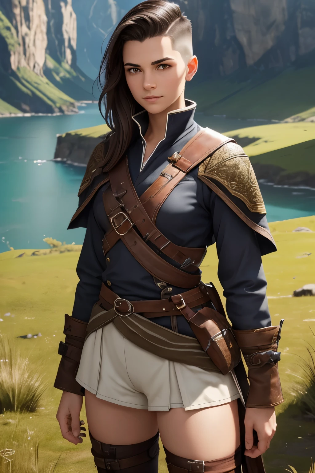 A happy young woman with an undercut in a fantasy setting. An adventurer and ranger. Very androgynous looking. In a good mood. Sympathic. Tomboyish. Androgynous. Slim body. Very . Very small breasts. Wide hips. Thick legs. Face: Extremly pale skin with liverspots and freckles. Soft narrow face with a round chin. Soft small jaw. Big forehead. Very thin barely visible eyebrows. Upturned big dark-brown eyes. Dark-brown eyecolour. Very long and wide nose. Big curved lips. Very short dark-brown hair. A boyish short haircut. Undercut. Sides shaved. A tight fantasy outfit of a lonley ranger and adventuerer. Background: Wide colourful plains. Green grass. A big lake. Shiny blue sky. Wonderful weather. Sense of wideness and freedom. 