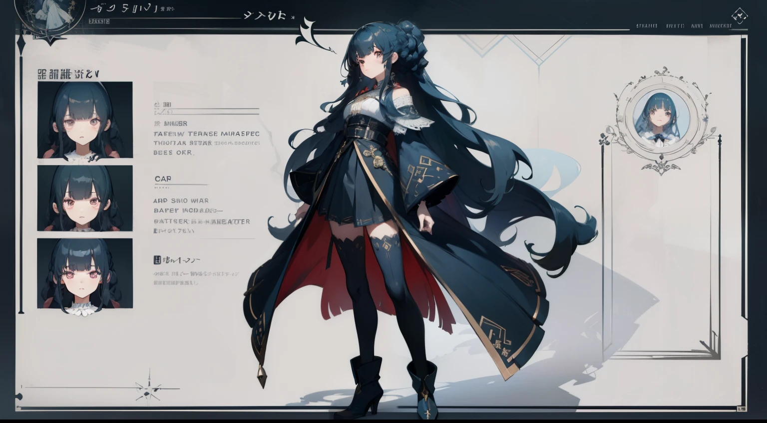 (Masterpiece, highest quality)), detailed face, character sheet, Full body, full of details, multiple poses and expressions, highly detailed, depth, many parts, 1girl, black blue hair, wavy hair, long hair, blunt bangs