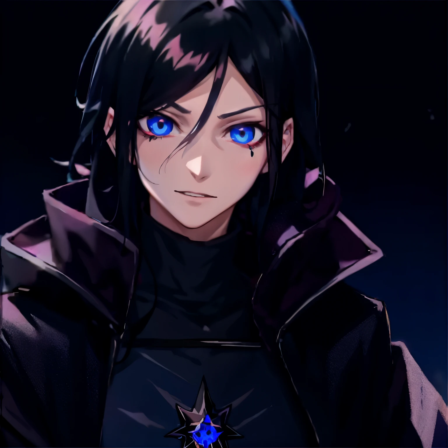 anime boy with blue eyes and black hair in a black outfit, avatar image, yennefer, black - haired mage, (winking), guweiz, crisp clear rpg portrait, from arknights, valentina remenar, [[[[grinning evily]]]], detailed anime, arknights, high detailed)