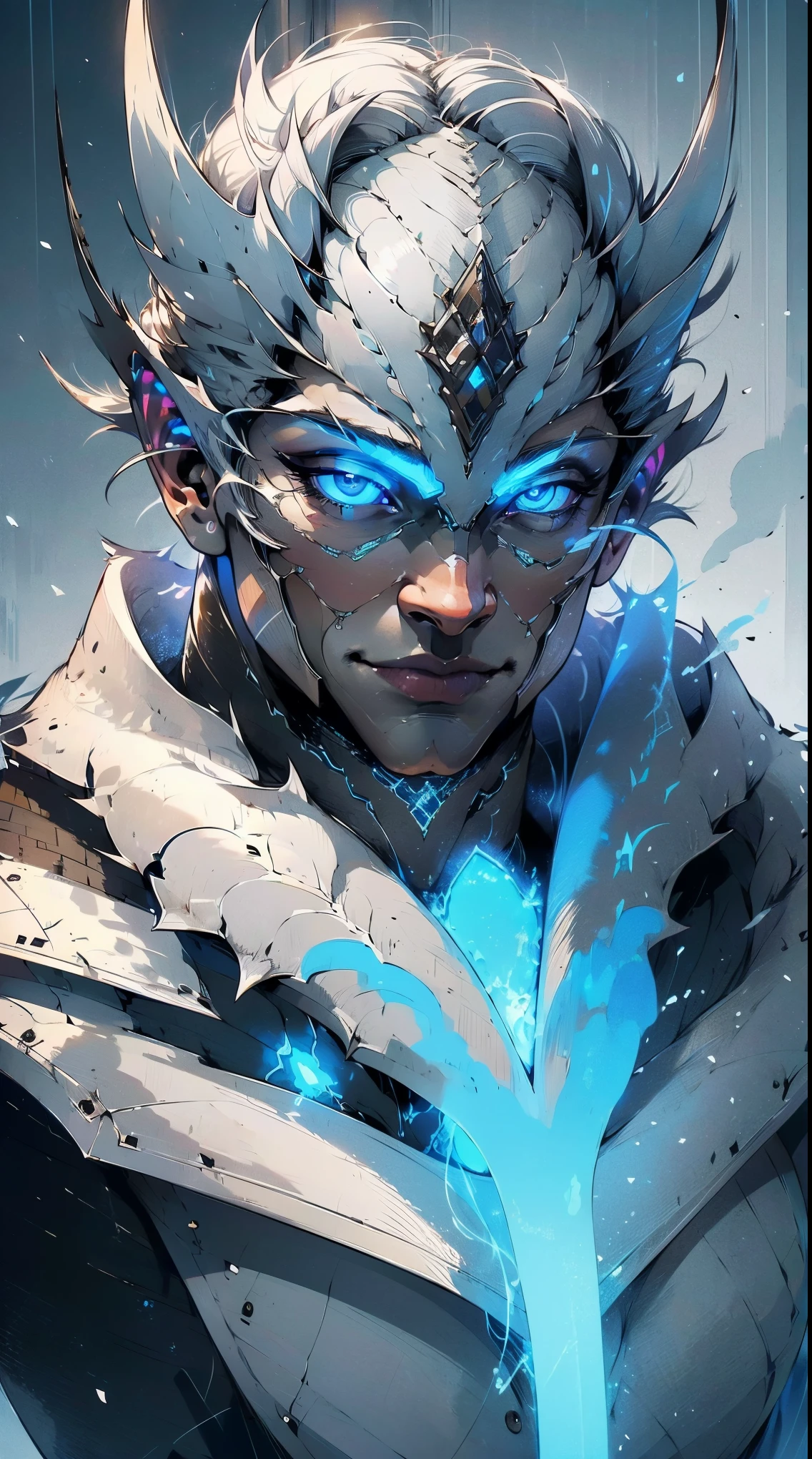 (best quality, highres, ultra-detailed, realistic:1.37), close-up portrait of a handsome man, with bright, shining blue eyes emitting a blue smoke-like aura, cat-like black pupils, spiky snow-white hair that is highly defined and super detailed