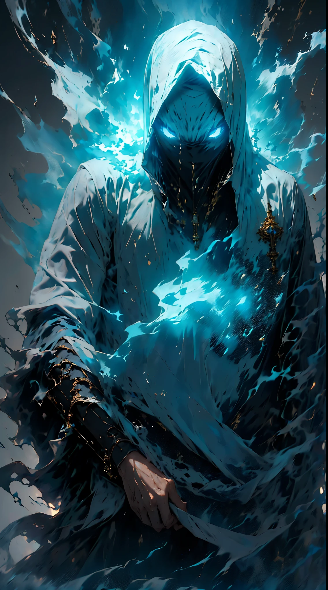 (best quality, highres, ultra-detailed, realistic:1.37), close-up portrait of a handsome man, with bright, shining blue eyes emitting a blue smoke-like aura, cat-like black pupils, spiky snow-white hair that is highly defined and super detailed