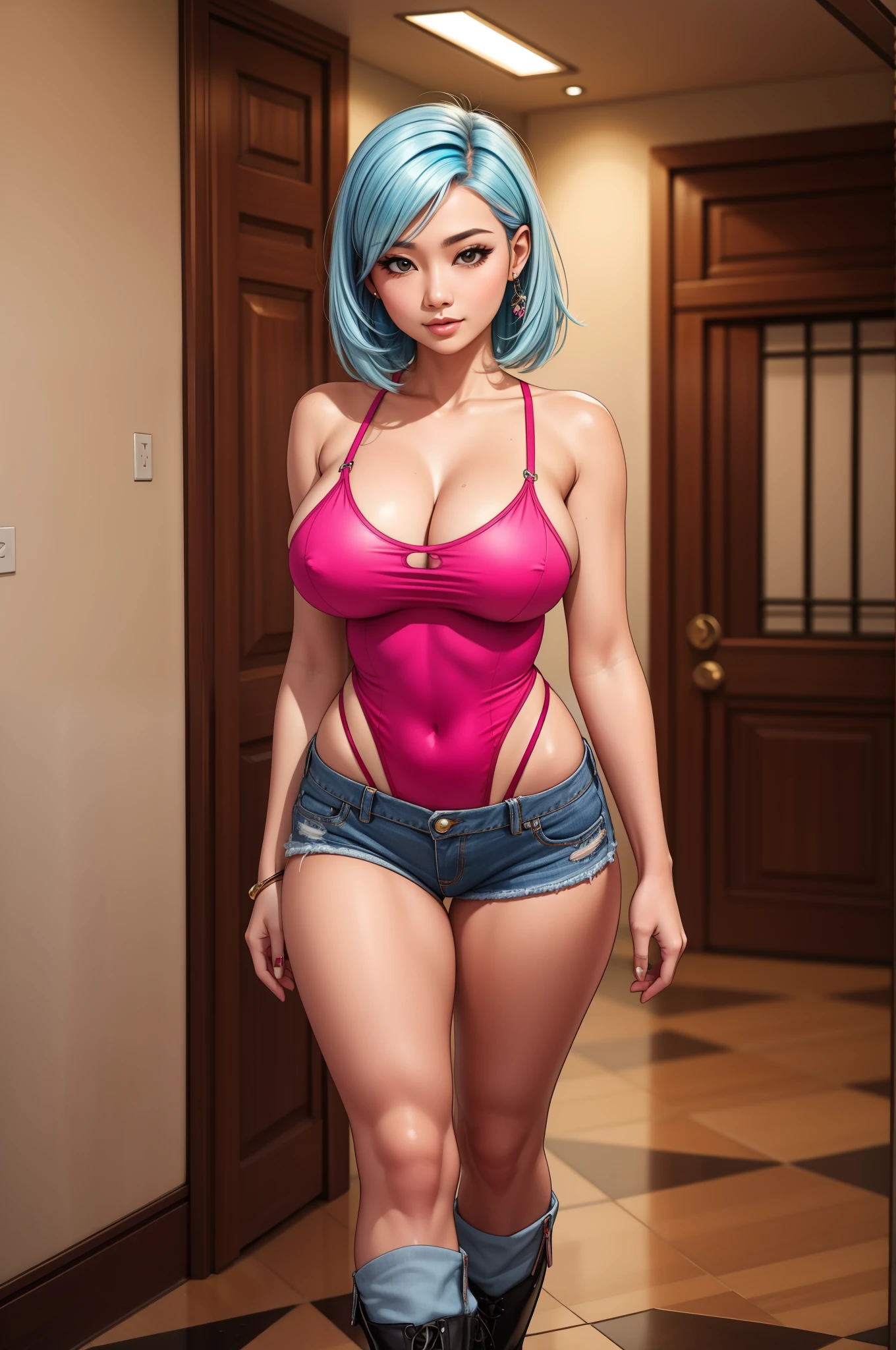asian woman wearing a sexy pink leotard and jeans shorts, black boots, white-pale-blue hair