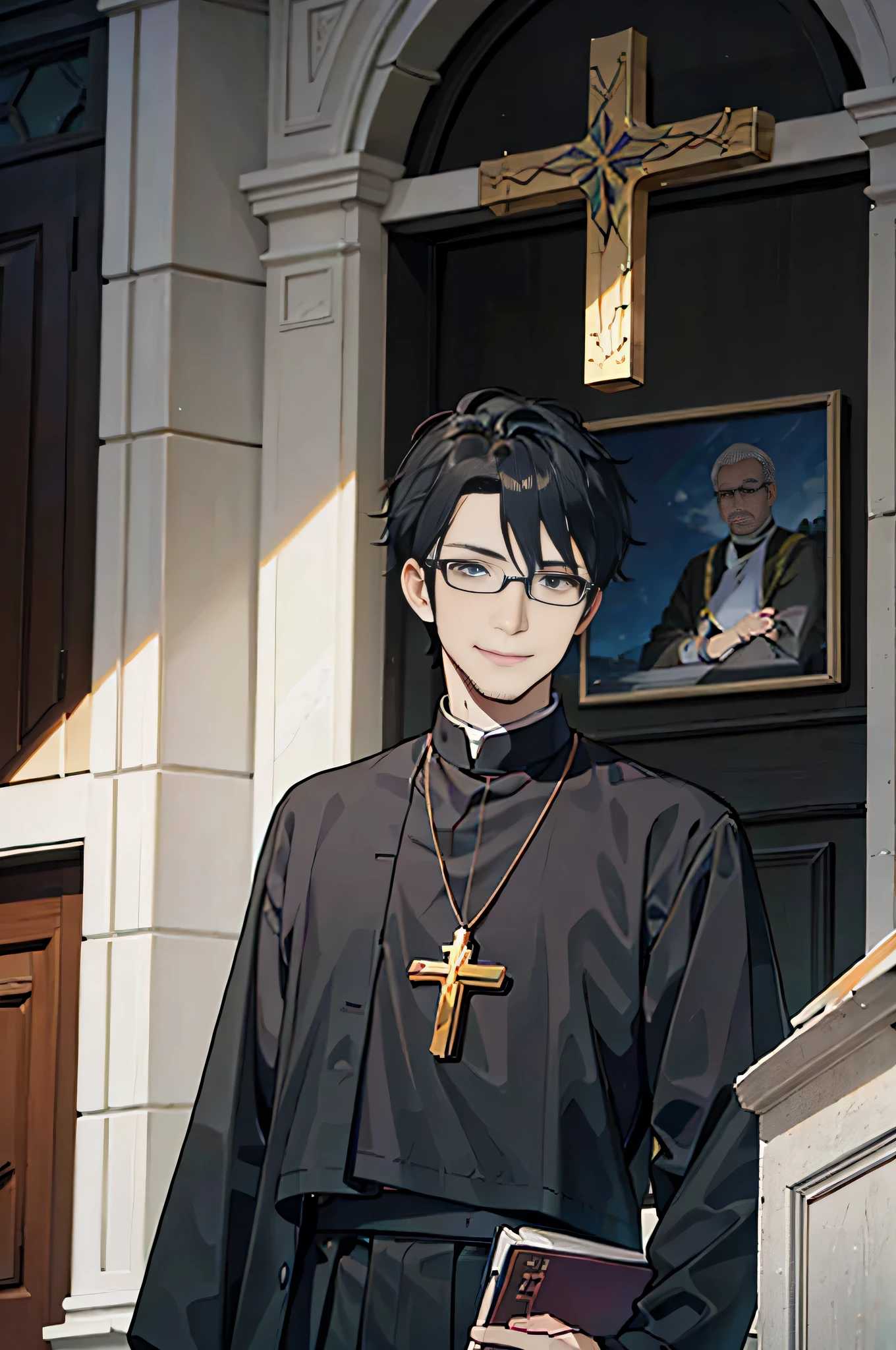 1 boy, youth, eyes staring at the camera, perfect male body, (priest,black clothes, Glasses, Bible in hand,cross necklace,evil smile),church,dramatic shadow, ray tracing,portrait,(masterpiece, High resolution, Super detailed:1.0)