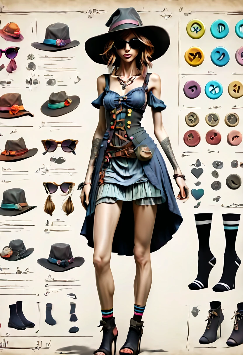 Framed Presentation of a magical slut (anorexic:1.2) woman character design sheet for a video game with detailed accessories, shoes, socks, bag, hat, sunglasses and dresses of different colors, buttons to customize the character to your liking(txt descrption:1.2), (best quality,4k,8k,highres,masterpiece:1.2),ultra-detailed,(realistic,photorealistic,photo-realistic:1.37)
