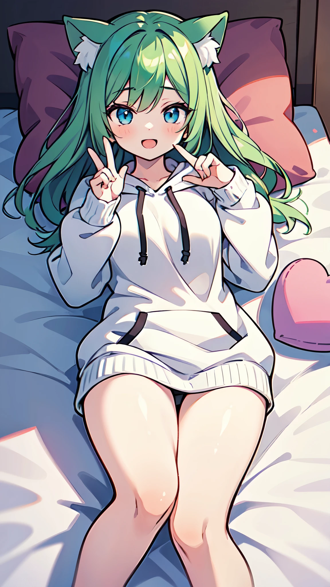 ((A Pretty girl with green hair and blue eyes lying on the bed)), ((wearing white hoodie)), ((cat ears)), ((heart sign)), Baby face, ((master piece, top-quality, ultra-definition, high resolution)), anime girl, ((ultra-detailed illust:1.2)), only one person, bangs, hair between eye, beautiful hair, Shiny eyes, Medium breasts, thighs, Big smile, opened mouth, in the bedroom