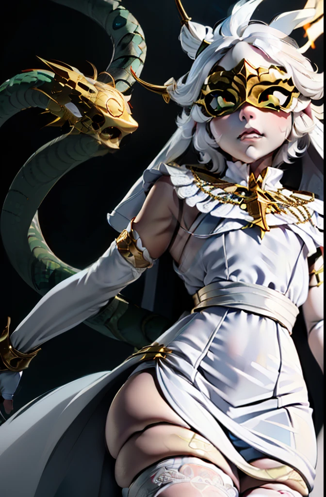 Gywndolin, short white hair, androgynous, 1boy, male, femboy, flat-chested, GwyRob, white thighhighs, ((golden sun mask)), covered eyes, gold jewelry, white elbow gloves, white dress, green snakes, white veil, ((snakes under white dress)), perfect anatomy, solo