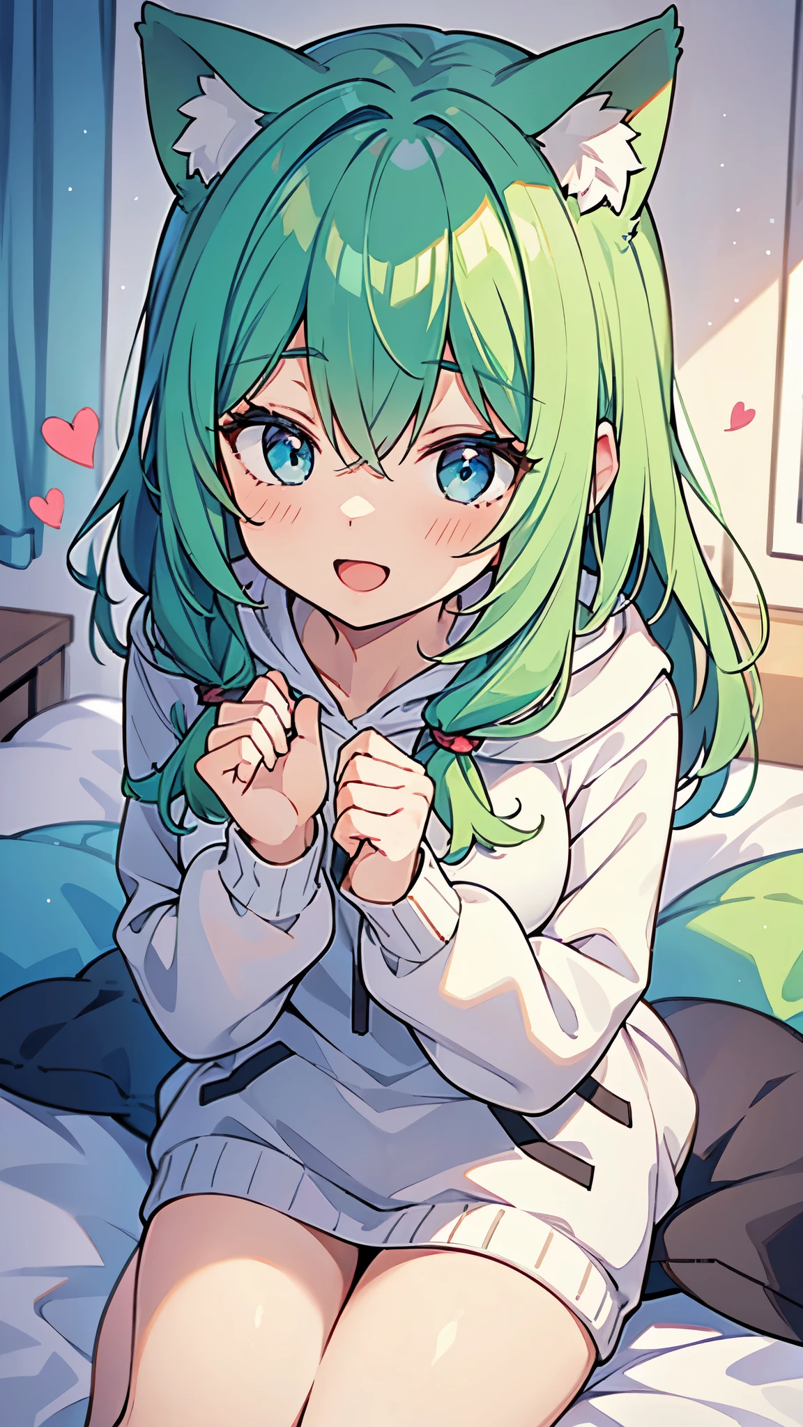 ((A Pretty girl with green hair and blue eyes lying on the bed)), ((wearing white hoodie)), ((cat ears)), ((heart sign)), Baby face, ((master piece, top-quality, ultra-definition, high resolution)), anime girl, ((ultra-detailed illust:1.2)), only one person, bangs, hair between eye, beautiful hair, Shiny eyes, Medium breasts, thighs, Big smile, opened mouth, in the bedroom
