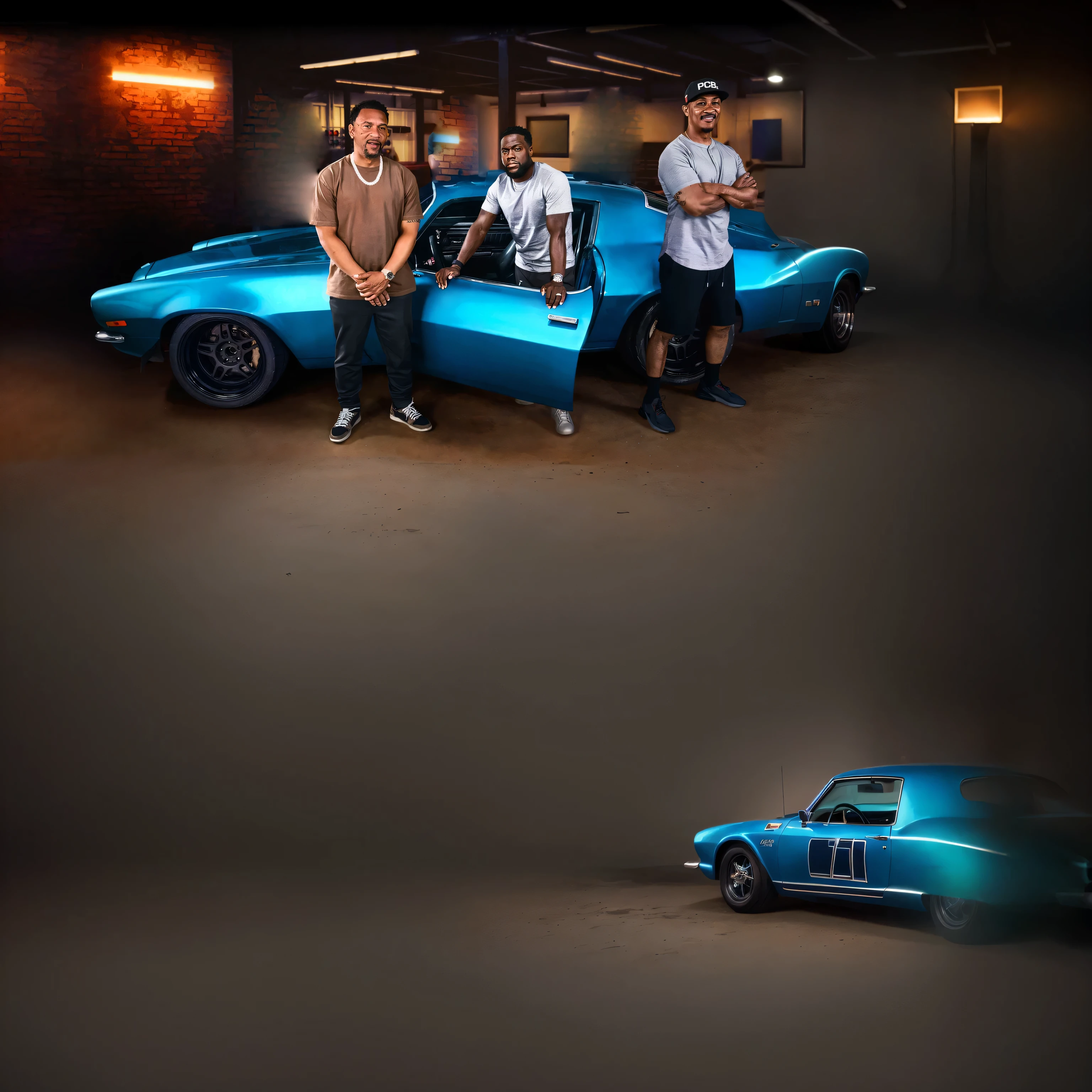 Dos hombres parados junto a un coche azul en un garaje., imagen promocional, arte promocional, foto promocional, imagen promocional, hiperrealistaa&citar;, hiperrealistaaa&citar;, Kevin Hart, foto promocional, foto promocional, promotion still, movie imagen promocional, nostalgic 8k, foto promocional, Next Generation, imagen promocionals, realista&citar;, realistaa&citar;, lowriders, TV fija, nbc, toma de escena completa