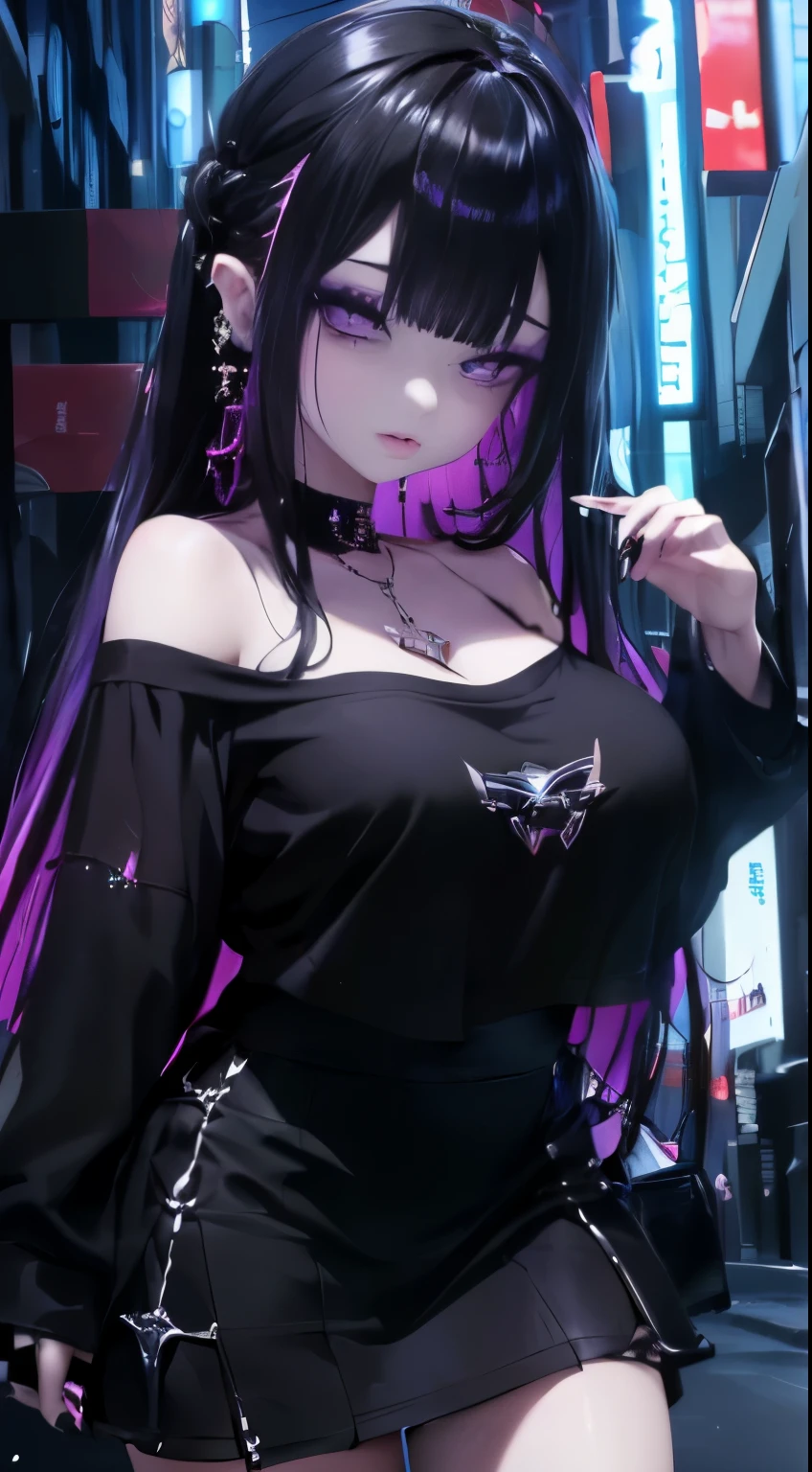 4k-ultra sharp、highest quality, masterpiece, ultra high resolution, (reality: 1.4),  1 girl, purple eyes, off shoulder, cinematic lighting、purple and black hair、(mine girl、mine makeup)、(Pierced ears、big breasts、Oversized black T-shirt with open shoulders、dark mini skirt)、((dark makeup、oil skin,sparkling skin、realistic skin texture、detailed beautiful skin、shiny skin)), dark downtown area at night、kabukicho、Dark Cyberpunk、(full shot:1.8)