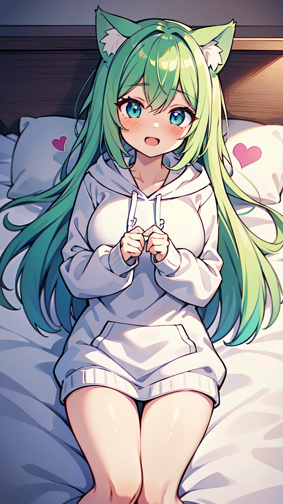 ((A Pretty girl with green hair and blue eyes lying on the bed)), ((wearing white hoodie)), ((cat ears)), ((heart sign)), Baby face, ((master piece, top-quality, ultra-definition, high resolution)), anime girl, ((ultra-detailed illust:1.2)), only one person, bangs, hair between eye, beautiful hair, Shiny eyes, Medium breasts, thighs, Big smile, opened mouth, in the bedroom
