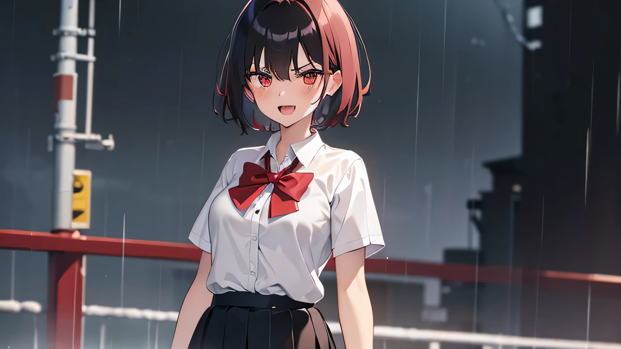 masterpiece, best quality, highres, aarurutie,1girl, standing, , s, smile,red blush, , open mouth,, best quality, masterpiece, , short_hair, black_hair, red_eyes, black_hair,school uniform, cute, angry, white shirt, grey short skirt,in, in the rain at night