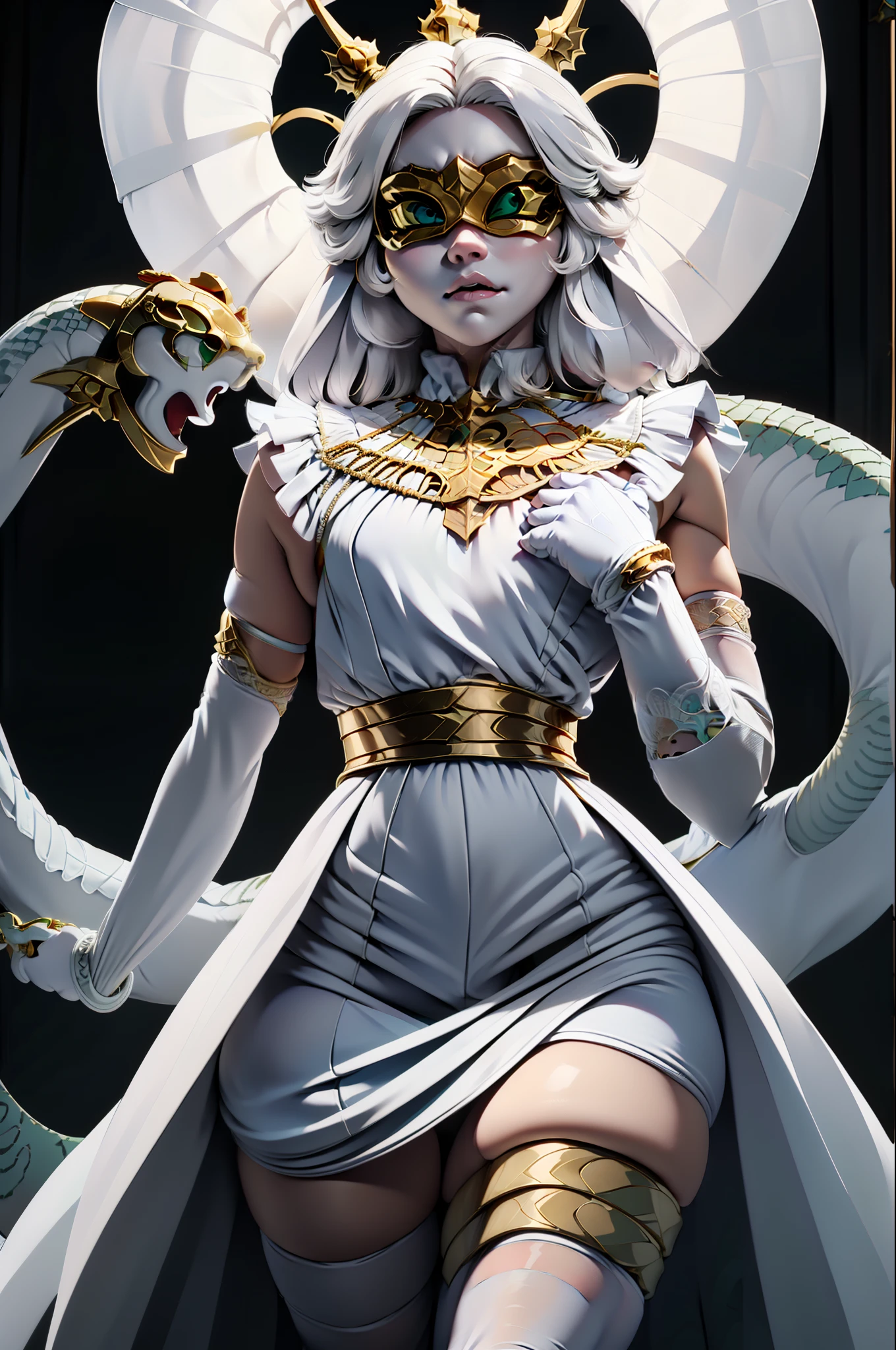 Gywndolin, short white hair, androgynous, 1boy, male, femboy, flat-chested, GwyRob, white thighhighs, ((golden sun mask)), covered eyes, gold jewelry, white elbow gloves, white dress, green snakes, white veil, ((snakes under white dress)), perfect anatomy, solo