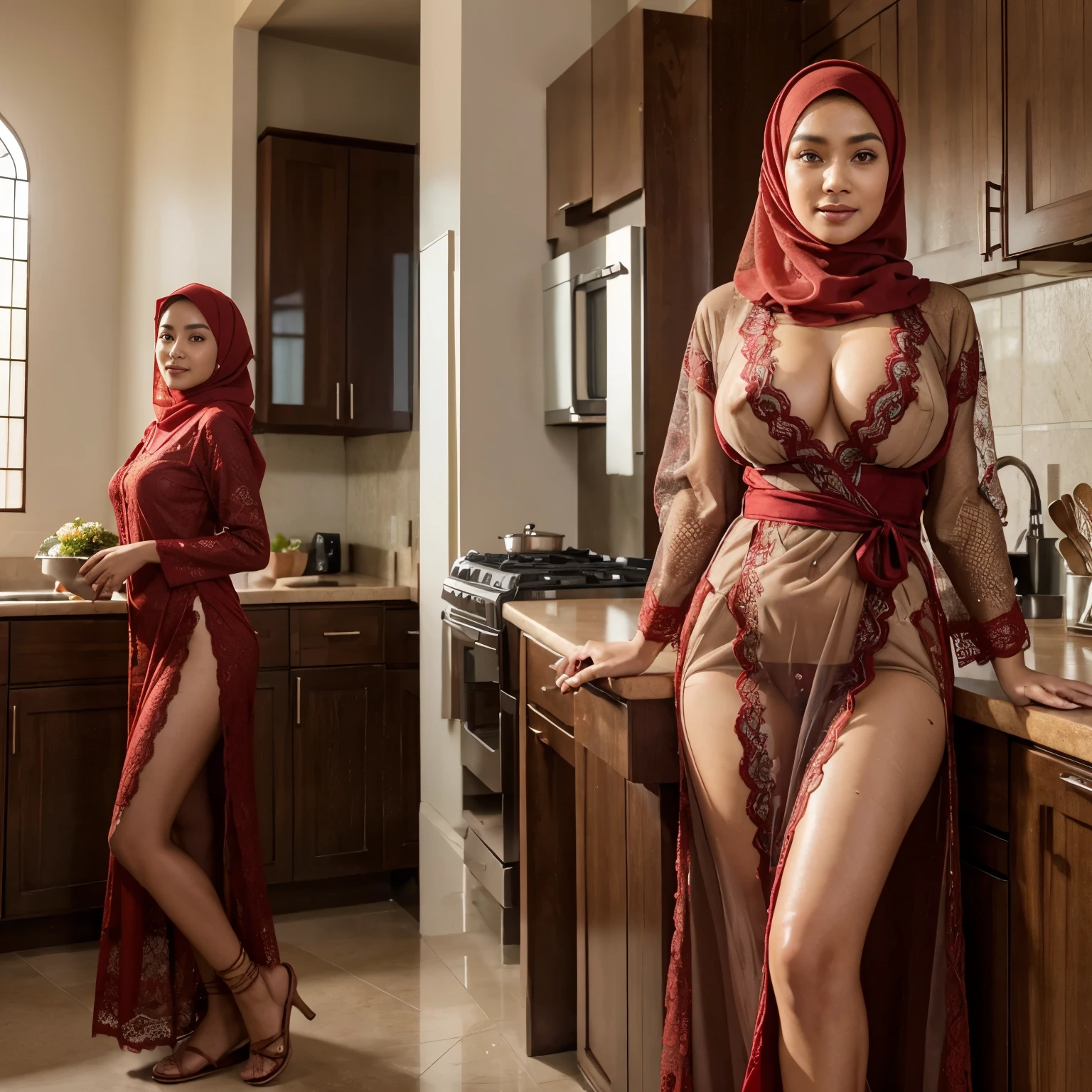 (Best quality, high resolution, masterpiece: 1.3), beautiful Javanese Lady in hijab, slim figure, detailed facial and skin texture, detailed eyes, double eyelids, green eyes, long legs, HDR, 8k resolution, nice fingers, brown skin, ((( high detailed skin, visible pores))), solo female, tall, sitting on the table, 18 years old, very huge tits wearing hijab and red chili lace and long dress Muslim red robes and transparent on the chest, detailed tall body posture, detailed all Full Body closed up picture, Beautiful smile, perfect detailed wearing slippers, standing at side table on the kitchen.