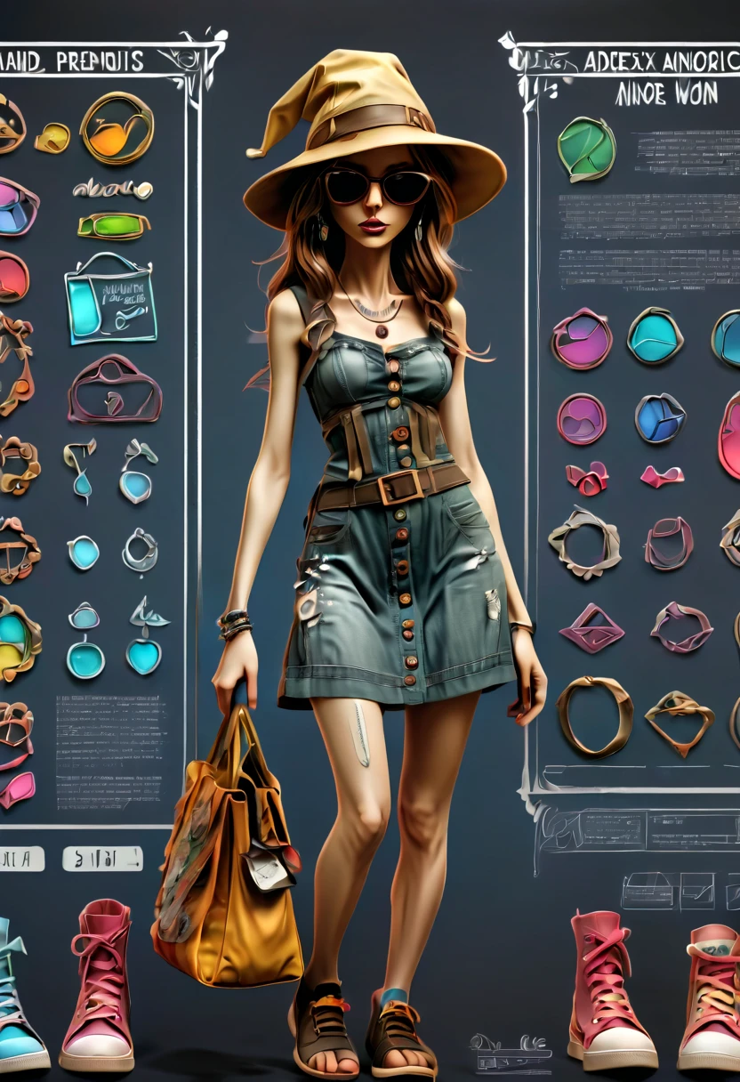 Framed Presentation of a magical slut (anorexic:1.2) woman character design sheet for a video game with detailed accessories, shoes, socks, bag, hat, sunglasses and dresses of different colors, buttons to customize the character to your liking(txt descrption:1.2), (best quality,4k,8k,highres,masterpiece:1.2),ultra-detailed,(realistic,photorealistic,photo-realistic:1.37)