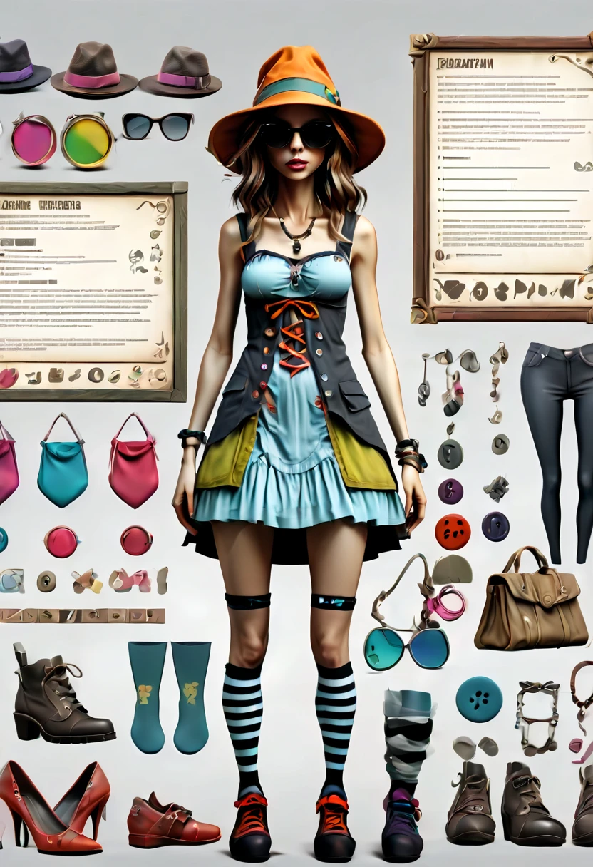 Framed Presentation of a magical slut (anorexic:1.2) woman character design sheet for a video game with detailed accessories, shoes, socks, bag, hat, sunglasses and dresses of different colors, buttons to customize the character to your liking(txt descrption:1.2), (best quality,4k,8k,highres,masterpiece:1.2),ultra-detailed,(realistic,photorealistic,photo-realistic:1.37)