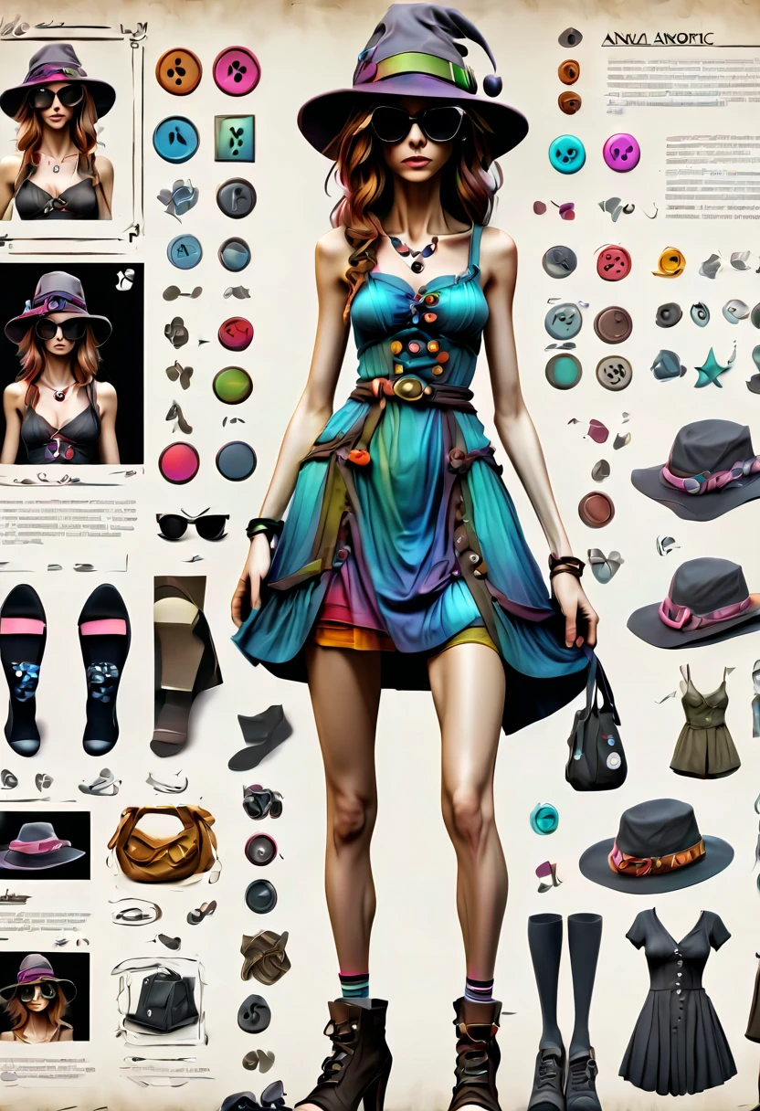 Framed Presentation of a magical slut (anorexic:1.2) woman character design sheet for a video game with detailed accessories, shoes, socks, bag, hat, sunglasses and dresses of different colors, buttons to customize the character to your liking(txt descrption:1.2), (best quality,4k,8k,highres,masterpiece:1.2),ultra-detailed,(realistic,photorealistic,photo-realistic:1.37)