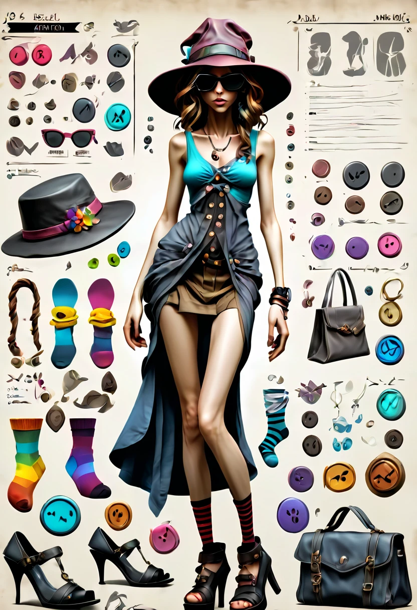 Framed Presentation of a magical slut (anorexic:1.2) woman character design sheet for a video game with detailed accessories, shoes, socks, bag, hat, sunglasses and dresses of different colors, buttons to customize the character to your liking(txt descrption:1.2), (best quality,4k,8k,highres,masterpiece:1.2),ultra-detailed,(realistic,photorealistic,photo-realistic:1.37)