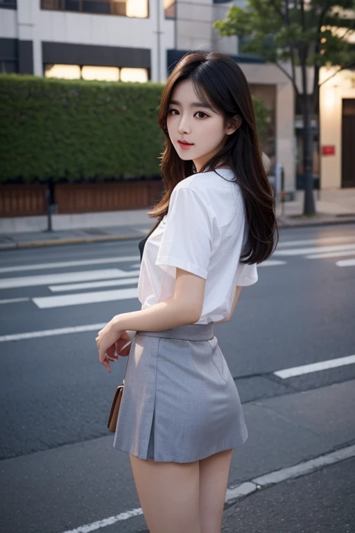 Create an extremely beautiful hyperrealistic korean girl looking at the camera with short skirt and kissing 