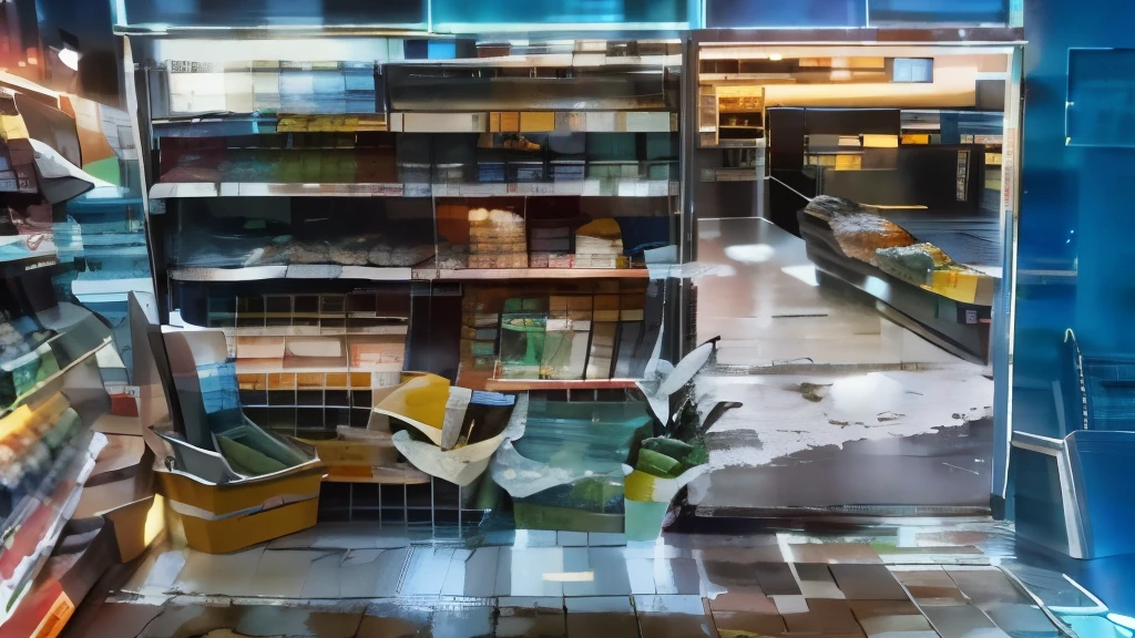 there is a picture of a grocery store with shelves full of food, store, the store, convenience store, stores, by david rubin, colored market stand,Transparant door , completely empty, interesting composition, makoto shinkai style, high quality image, HD, door, blue wal, asphalt outside, glowing floor, cream floor, table left side, food, drink, refrigerator, clear sky,