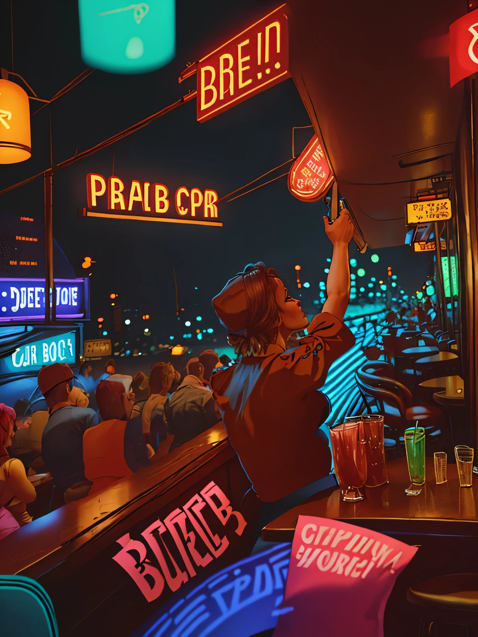 several women are sitting at a bar with a neon sign, other women dancing behind, gogo dancer, bar in background, local bar, prostitutes, in a bar, sitting at the bar, dive bar with a karaoke machine, very vibrant, at a bar, sexy black woman walks past them, drinking at the bar, uhd candid photo of dirty, chinatown bar