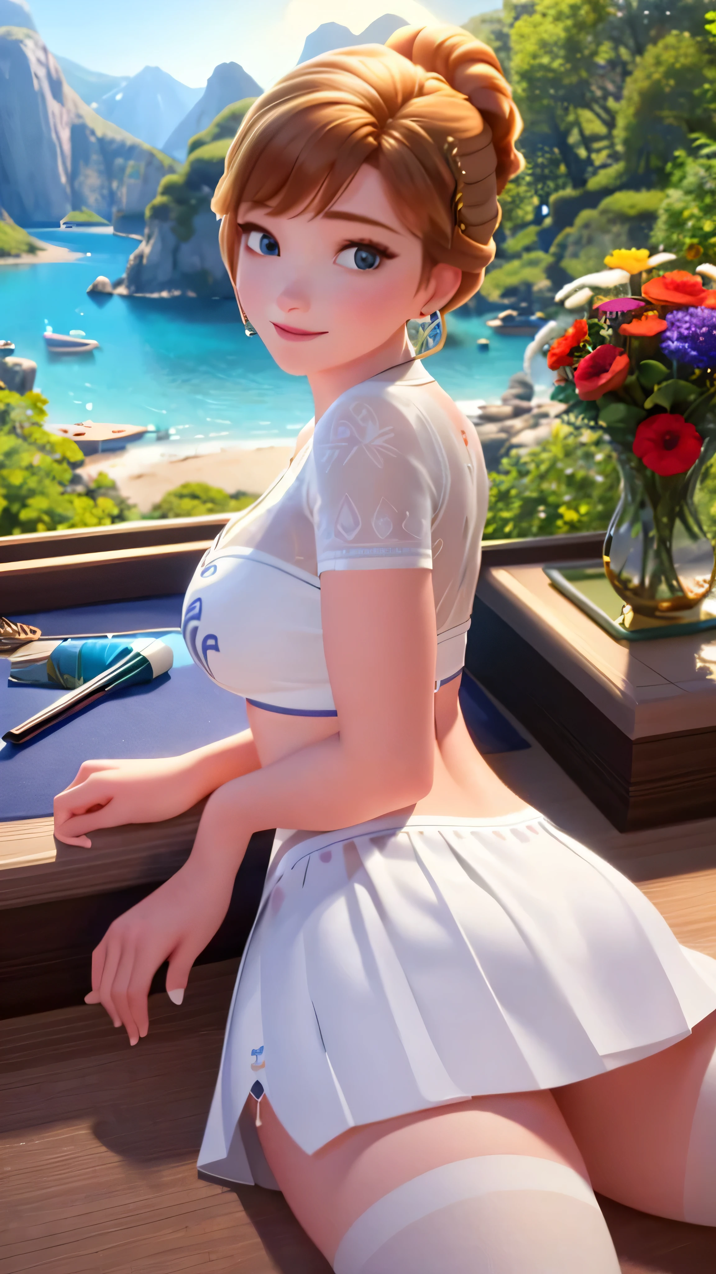 Anna of Arendelle, full body, smile, white bikini, white thigh-high stockings, looking at viewer, hands at side, big breasts, lay on bed, earrings, (realistic:1.2), (realism), (masterpiece:1.2), (best quality), (ultra detailed), (8k, 4k, intricate),(85mm),light particles, lighting, (highly detailed:1.2),(detailed face:1.2), (gradients), colorful,(detailed eyes:1.2)(detailed background),detailed landscape, (dynamic angle:1.2), (rule of third_composition:1.3),