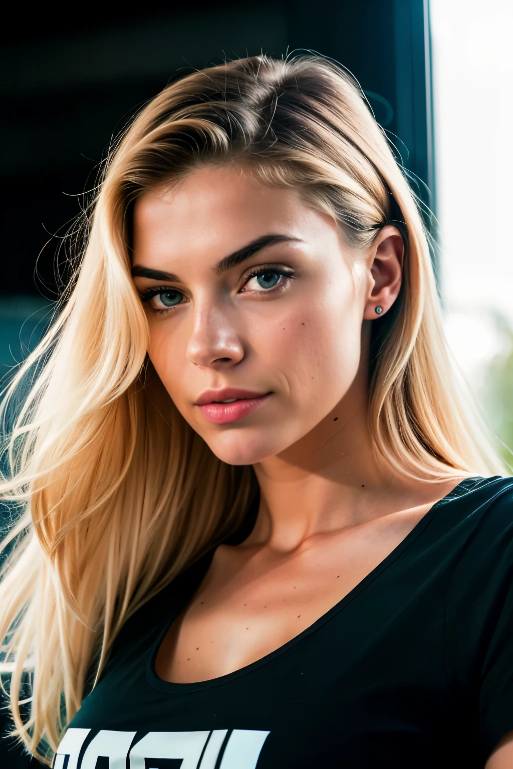 beautiful woman, Langes glattes blondes Haar, wears a white T-shirt with no print, wears black leggings, Vorderansicht (Abends in einem modern eingerichteten Wohnzimmer auf einem Sofa sitzend), Peyton List (1986), Sehr detailliert, 20 Jahre, natural wave hair, Hair length approximately up to chest height, blaue Augen, High Resolution, Meisterwerk, best quality, Komplizierte Details, sehr detailliert, scharfer Fokus, detaillierte Haut, Realistisch skin Textur, Textur, detaillierte Augen, Fachmann, 4k, Cannon shooting, 85mm, shallow depth of field, Kodak Farbsehen, Perfectly fitting body, extremely detailed, Foto_\(Ultra\), FotoRealistisch, Realistisch, Nachbearbeitung, Maximale Detailgenauigkeit, Rauheit, wahres Leben, Ultra Realistisch, Fotorealism, Fotography, 8k uhd, Fotography (Grain of the film Medium shot for close-ups, atmospheric dark lighting