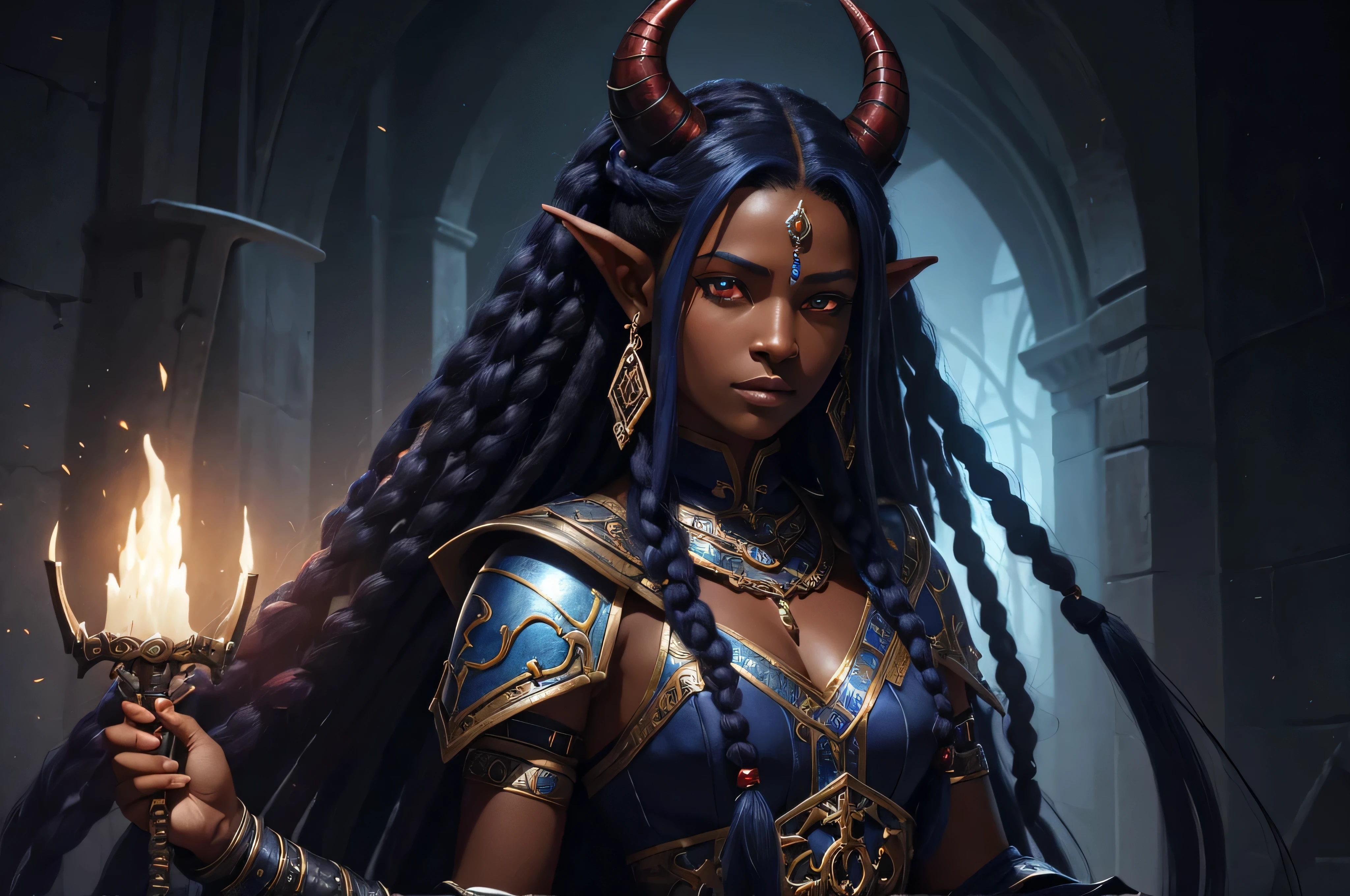 Um tiefling com pele azul escura, with intensely red eyes that contrast with her generally serene expression. O cabelo dela é longo dreadlocks, adornado com pequenas contas e pingentes, que caem sobre seus ombros e contrastam com seu elegante, chifres curvos. Ela usa armadura leve, preferindo aqueles que permitem mobilidade, overlapped with symbols and clothing that refer to the Faith of the Blue Cross. (arte digital, arte de fantasia, arte de RPG)