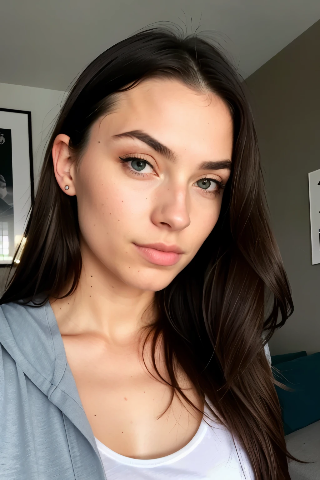 beautiful woman, Langes glattes blondes Haar, wears a white T-shirt with no print, wears black leggings, Vorderansicht (Abends in einem modern eingerichteten Wohnzimmer auf einem Sofa sitzend), Peyton List (1986), Sehr detailliert, 20 Jahre, natural wave hair, Hair length approximately up to chest height, blaue Augen, High Resolution, Meisterwerk, best quality, Komplizierte Details, sehr detailliert, scharfer Fokus, detaillierte Haut, Realistisch skin Textur, Textur, detaillierte Augen, Fachmann, 4k, Cannon shooting, 85mm, shallow depth of field, Kodak Farbsehen, Perfectly fitting body, extremely detailed, Foto_\(Ultra\), FotoRealistisch, Realistisch, Nachbearbeitung, Maximale Detailgenauigkeit, Rauheit, wahres Leben, Ultra Realistisch, Fotorealism, Fotography, 8k uhd, Fotography (Grain of the film Medium shot for close-ups, atmospheric dark lighting