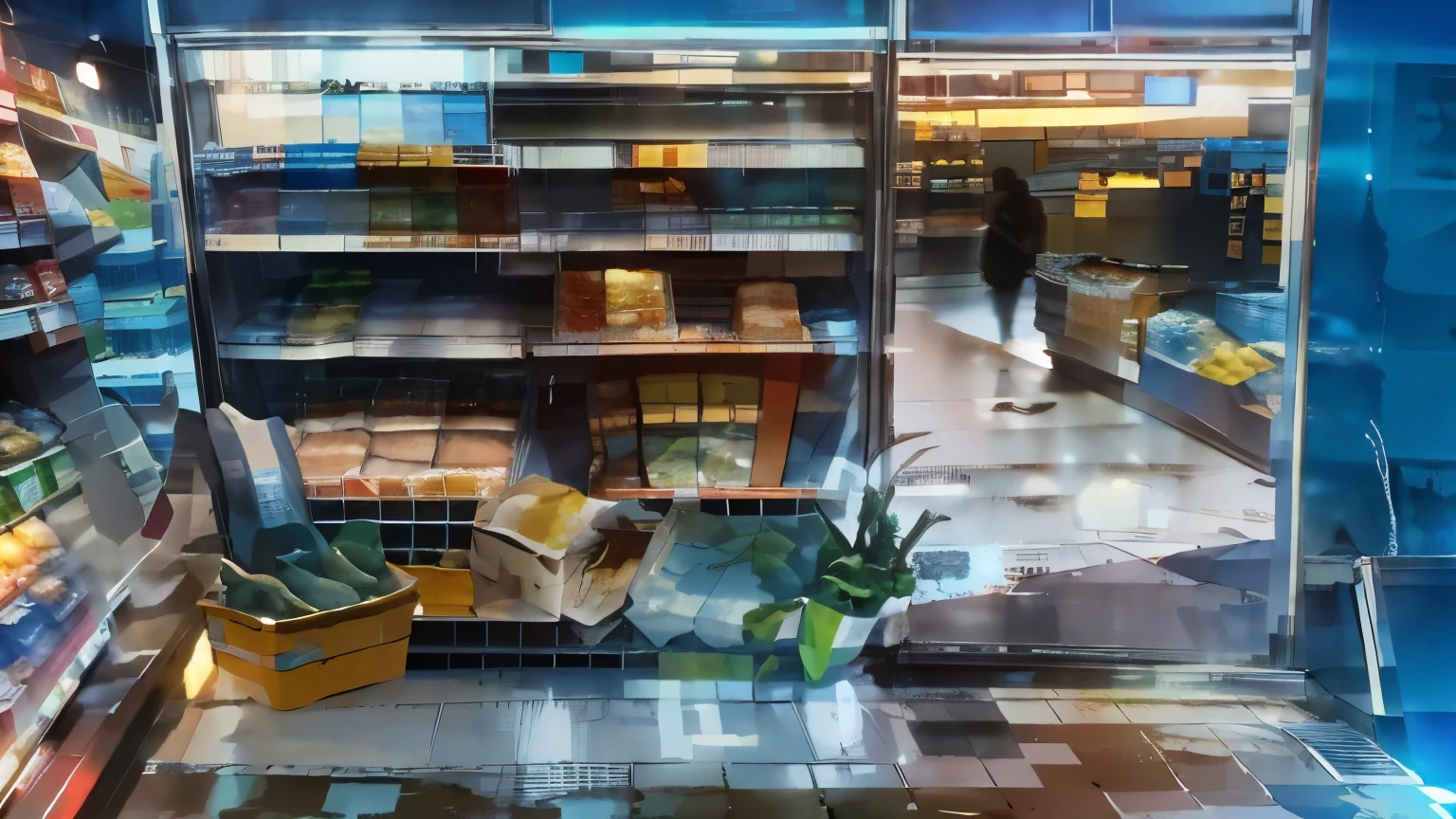 there is a picture of a grocery store with shelves full of food, store, the store, convenience store, stores, colored market stand, Transparent door , completely empty, interesting composition, makoto shinkai style, high quality image, HD, door, blue wal, asphalt outside, glowing floor, cream floor, table left side, food, drink.