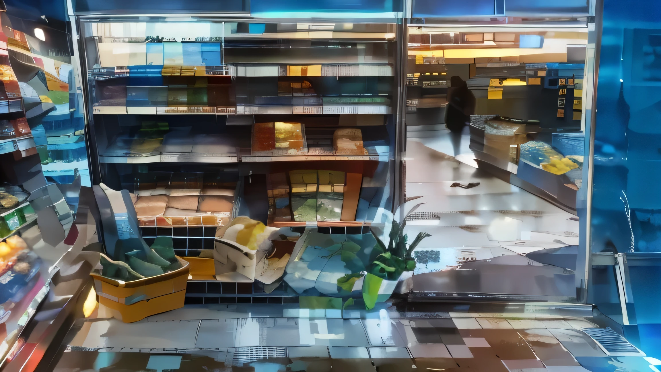 there is a picture of a grocery store with shelves full of food, store, the store, convenience store, stores, colored market stand, Transparent door , completely empty, interesting composition, makoto shinkai style, high quality image, HD, door, blue wal, asphalt outside, glowing floor, cream floor, table left side, food, drink.