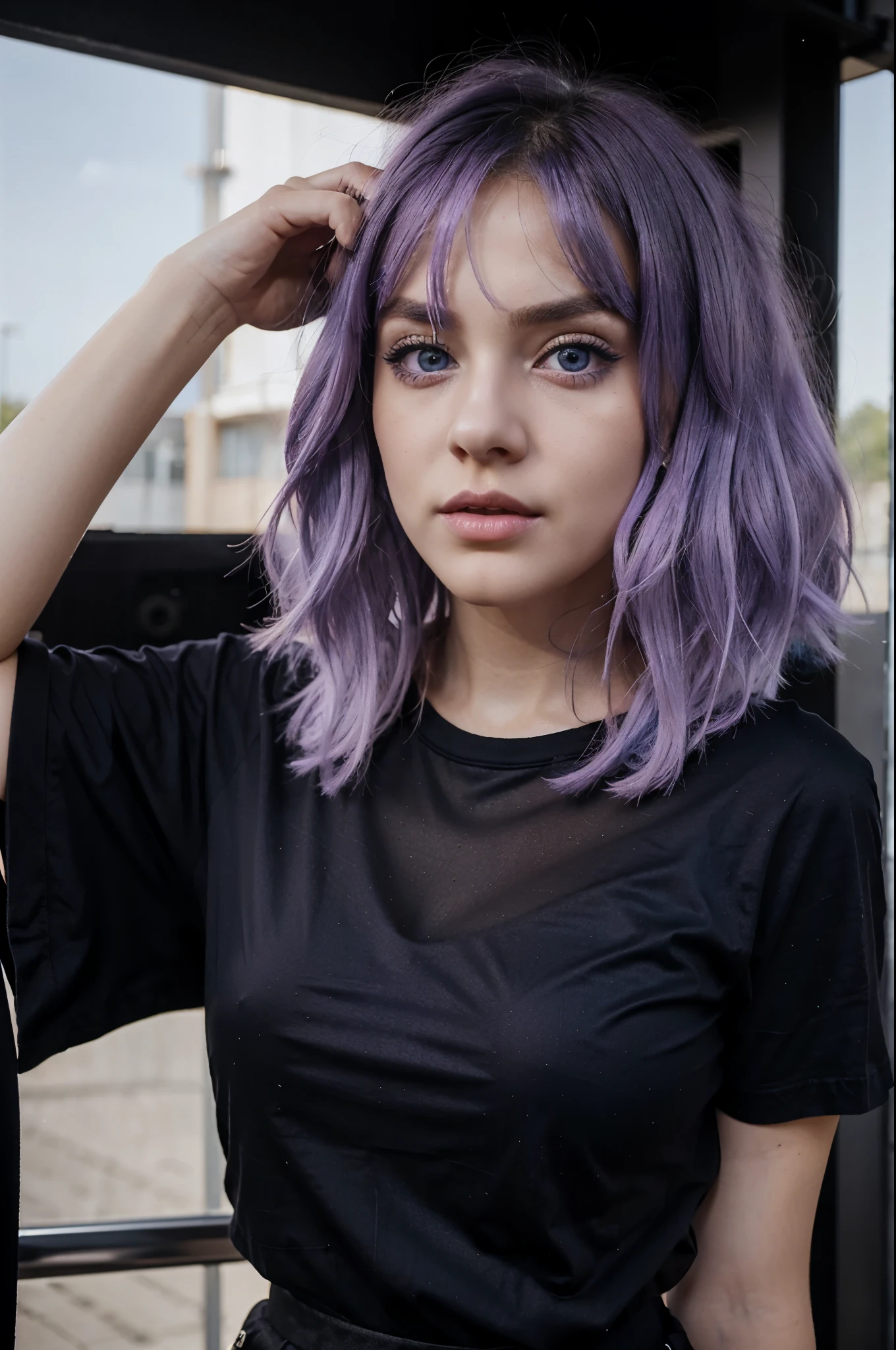 1 Woman, Light purple hair, Bob Hair, big blue eyes, Model appearance, cute face, 20 years old, black t-shirt, black skirt, high quality, 8k