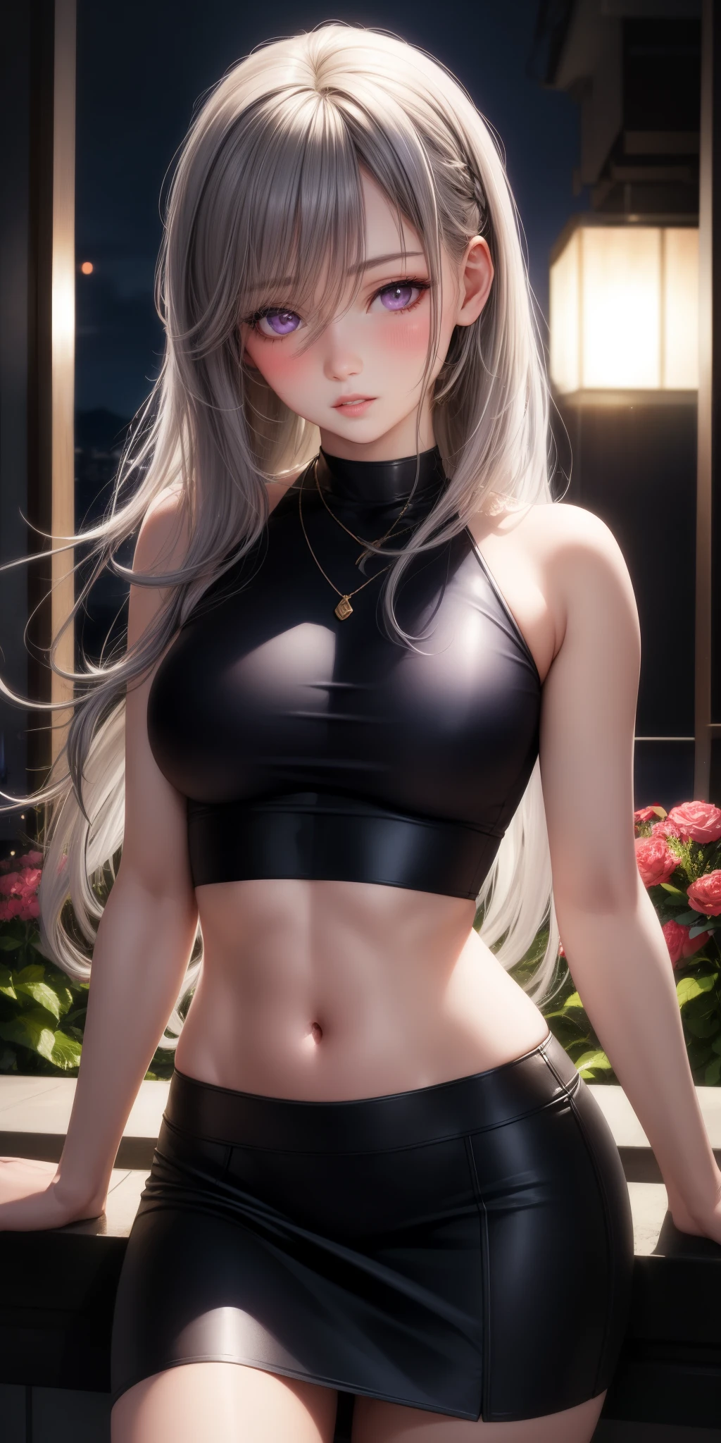 realistic, 1 girl, gray hair, purple eyes, shining eyes, crop top, skirt, parted lips, blush, night, flowers, sun, sunlight,