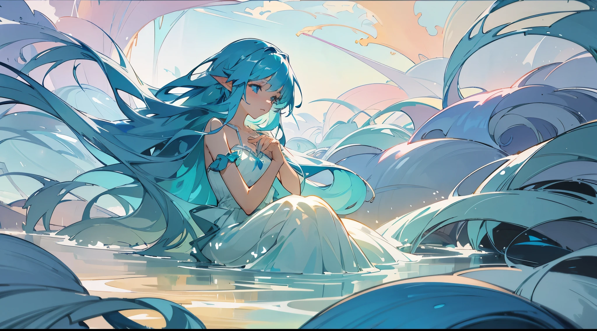 beautiful girl covered by seafoam, long dark hair, beautiful girl sitting in the water, dress made of white seafoam, water nymph, water fairy, watercolor illustration, inspired by Glen Keane, inspired by Lois van Baarle, disney art style, by Lois van Baarle, glowing aura around her, by Glen Keane, jen bartel, glowing lights! digital painting, flowing glowing hair, glowing flowing hair, beautiful digital illustration, fantasia otherworldly landscape plants flowers, beautiful, masterpiece, best quality, anime disney style, long blue hair, dark blue hair