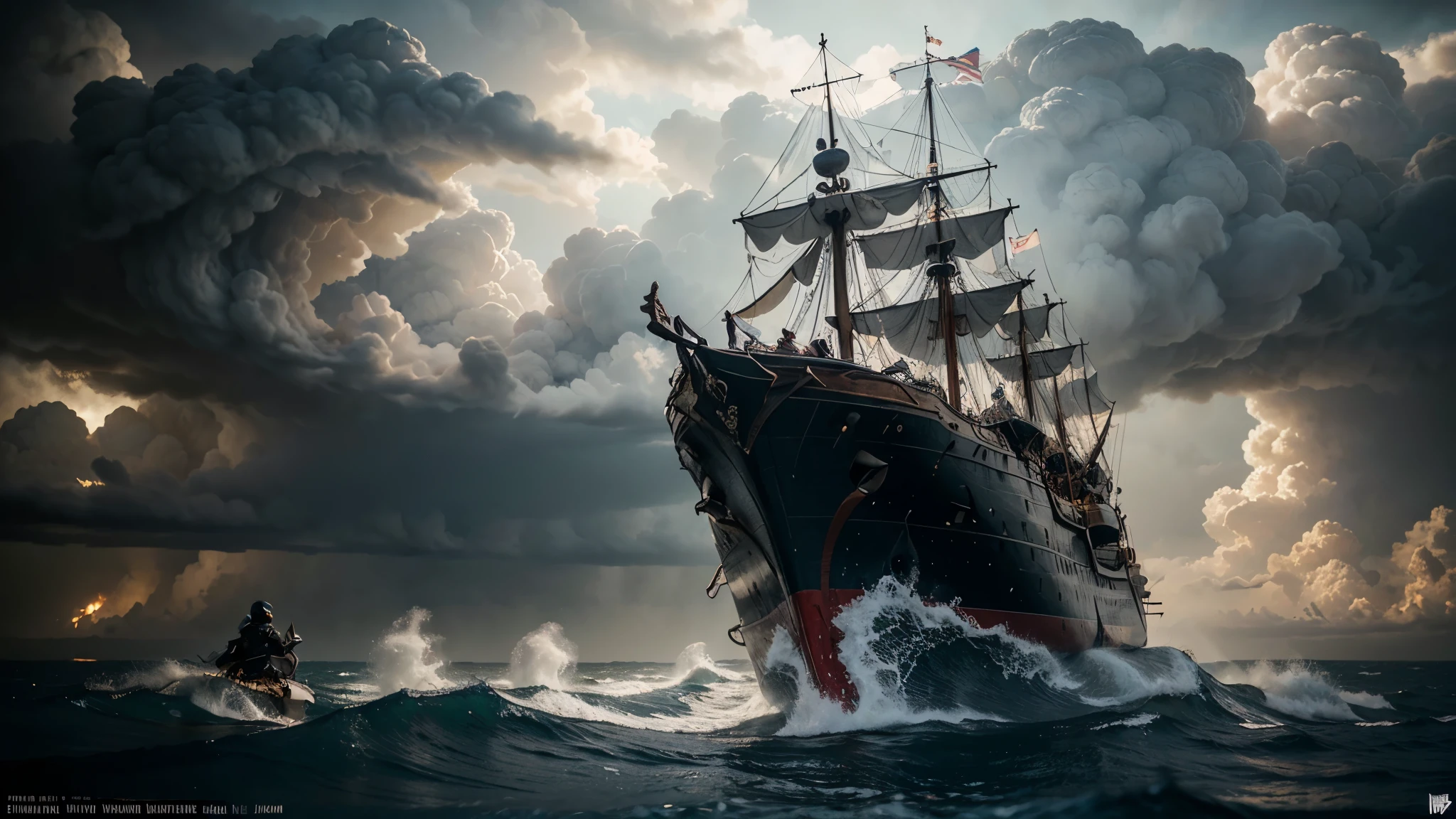 (best quality,4k,8k,highres,masterpiece:1.2),ultra-detailed,realistic,warriors with armors fight against humanoid sharks with axes in mid of medieval ship,steel armor,humanoid sharks with detailed axes,huge ship with intricate design,fierce battle under stormy sky,dramatic lighting,action-packed scene,vivid colors,sharp focus,dynamic composition,traditional painting style,realistic textures,warrior's expressions and emotions,giant waves crashing against the ship,menacing clouds and lightning,stormy sea,rippling water reflections,highly detailed shark fins and tails,swirling storm clouds,impactful storytelling,heroic warriors defending the ship,haunting atmosphere,highly detailed spray of water from every movement,majestic sails billowing in the wind,emotion-filled eyes and intense facial expressions,long swords gleaming in the darkness,foreboding sense of danger,mythical creatures in elegant armor,impressive scale and grandeur,marvelous composition showcasing the chaos and bravery,blue and gray color palette creating a grim and dangerous ambiance,dramatic contrast between light and shadow,heroic warriors in unique and ornate armor,immersive scene with an incredible level of detail,stunningly lifelike depiction of the battle,feeling of action and movement in every stroke,striking balance between reality and fantasy,immersive world-building,awe-inspiring artwork.