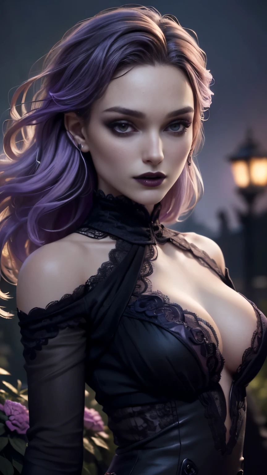 photo of celebrity, RAW, beautiful woman, ((portrait)), ((detailed face, colorful rainbow hair:1.2)), ((detailed facial feature, detailed skin, clear skin, parted lips), (perfect proportioned body, medium breasts, cleavage), (wearing Flowing Black Dress, dress falling down off shoulders, getting undressed, gothic fashion, lace and velvet, pale skin, dark makeup, NSFW: 1.5)), (high detailed dark & spooky gardens，The garden is filled with purple and black flowers: 1.3), (realistic photo, best quality, detailed), (8k wallpaper), (cinematic lighting, dramatic lighting) (sharp focus, intricate)