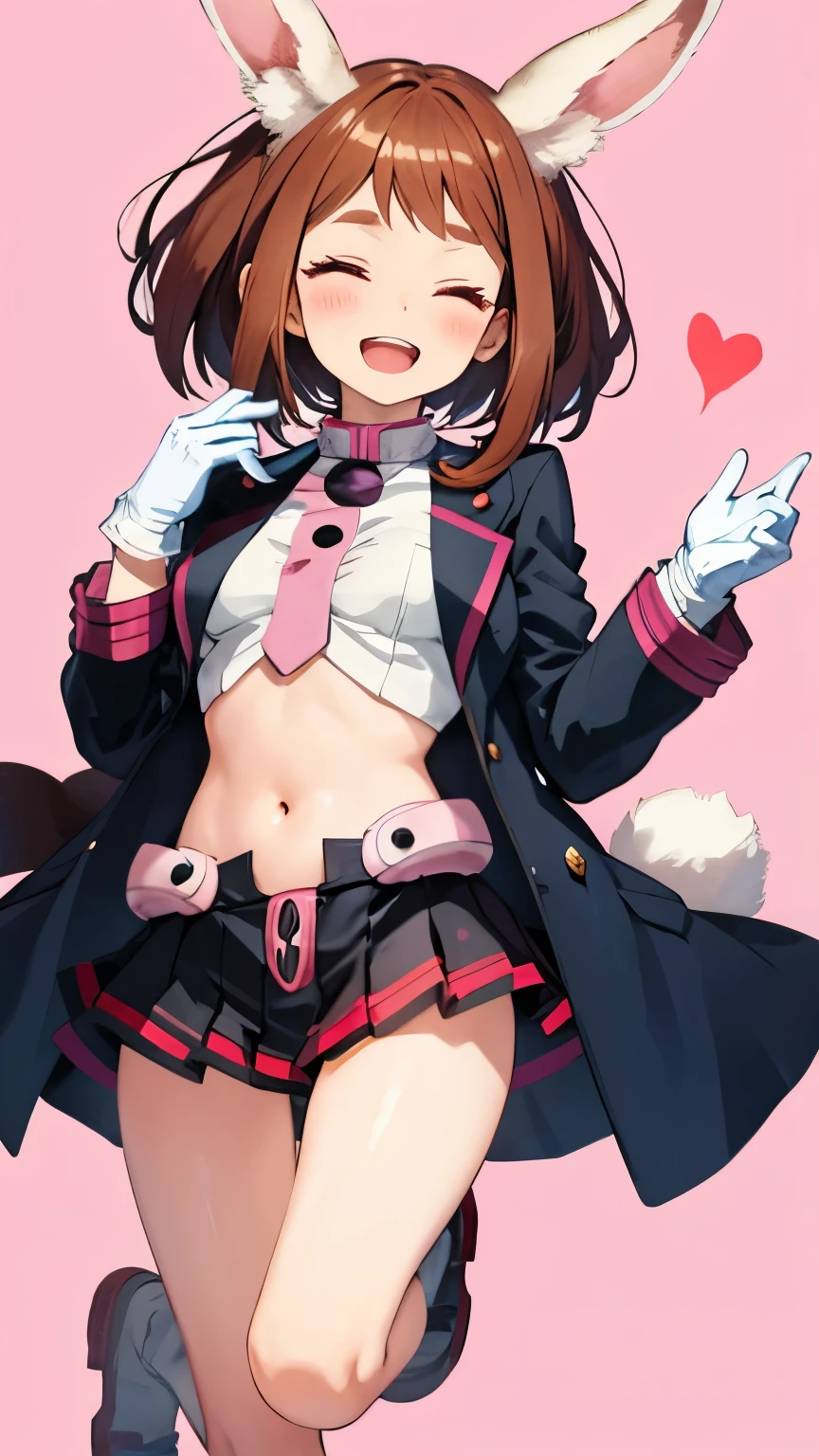 uraraka ochako, General, 1girl, :d, animal ears, uraraka ochako, General, 1girl, animal ears, belly, blush, brown hair, chewing, chinese zodiac, closed eyes, cosplay, crotch, gloves, heart, hip bones, legs, mirko (cosplay), mochi, navel, rabbit ears, rabbit girl, rabbit tail, short hair, simple background, solo, tail, thighs, pink background, white gloves, year of the rabbit